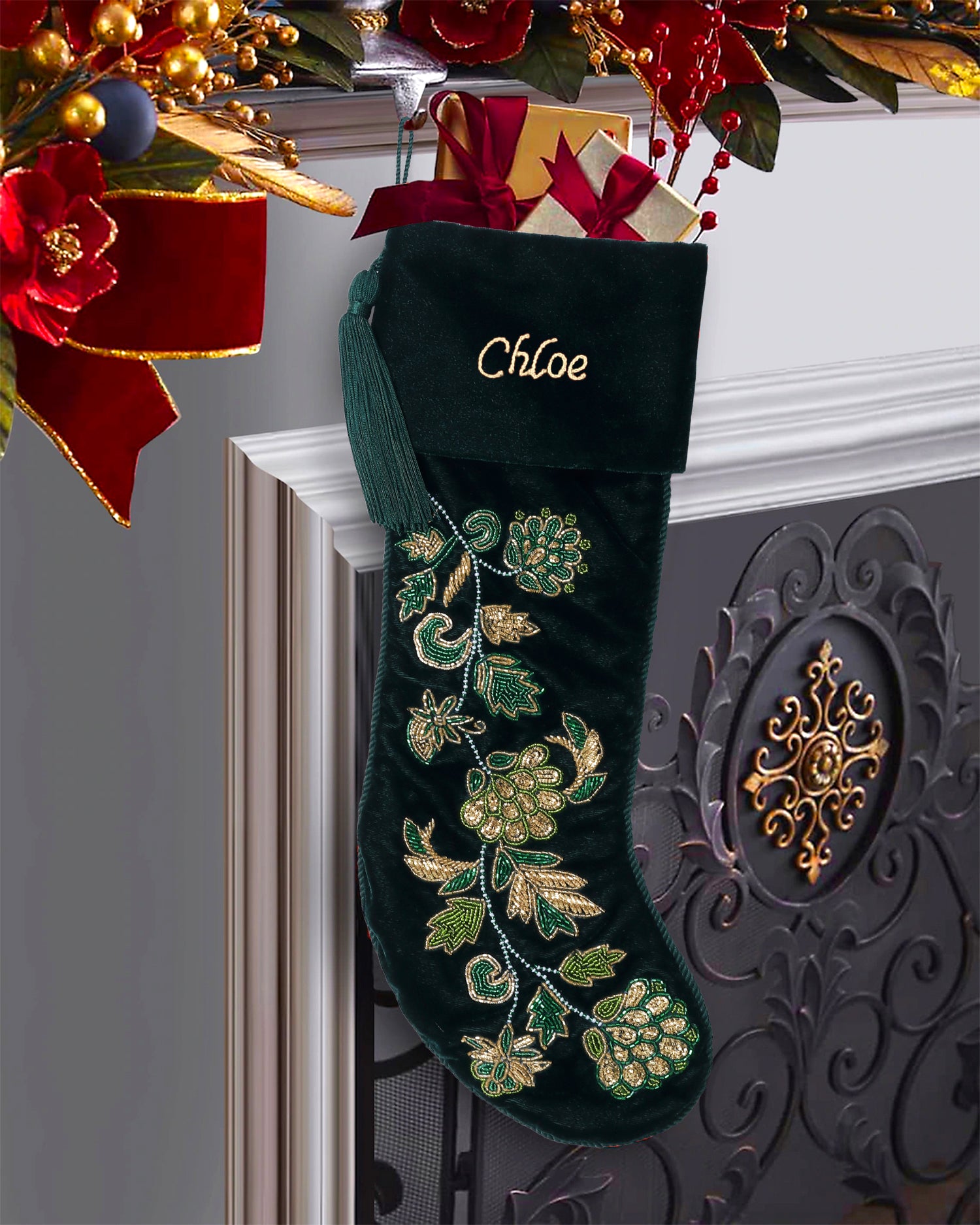 PERSONALISED GREEN FLORAL VELVET CHRISTMAS STOCKING