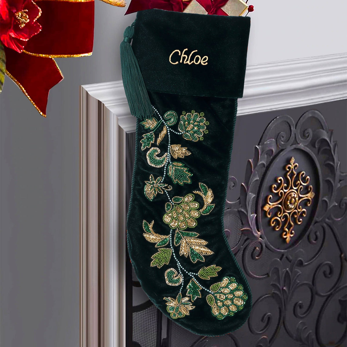PERSONALISED GREEN FLORAL VELVET CHRISTMAS STOCKING