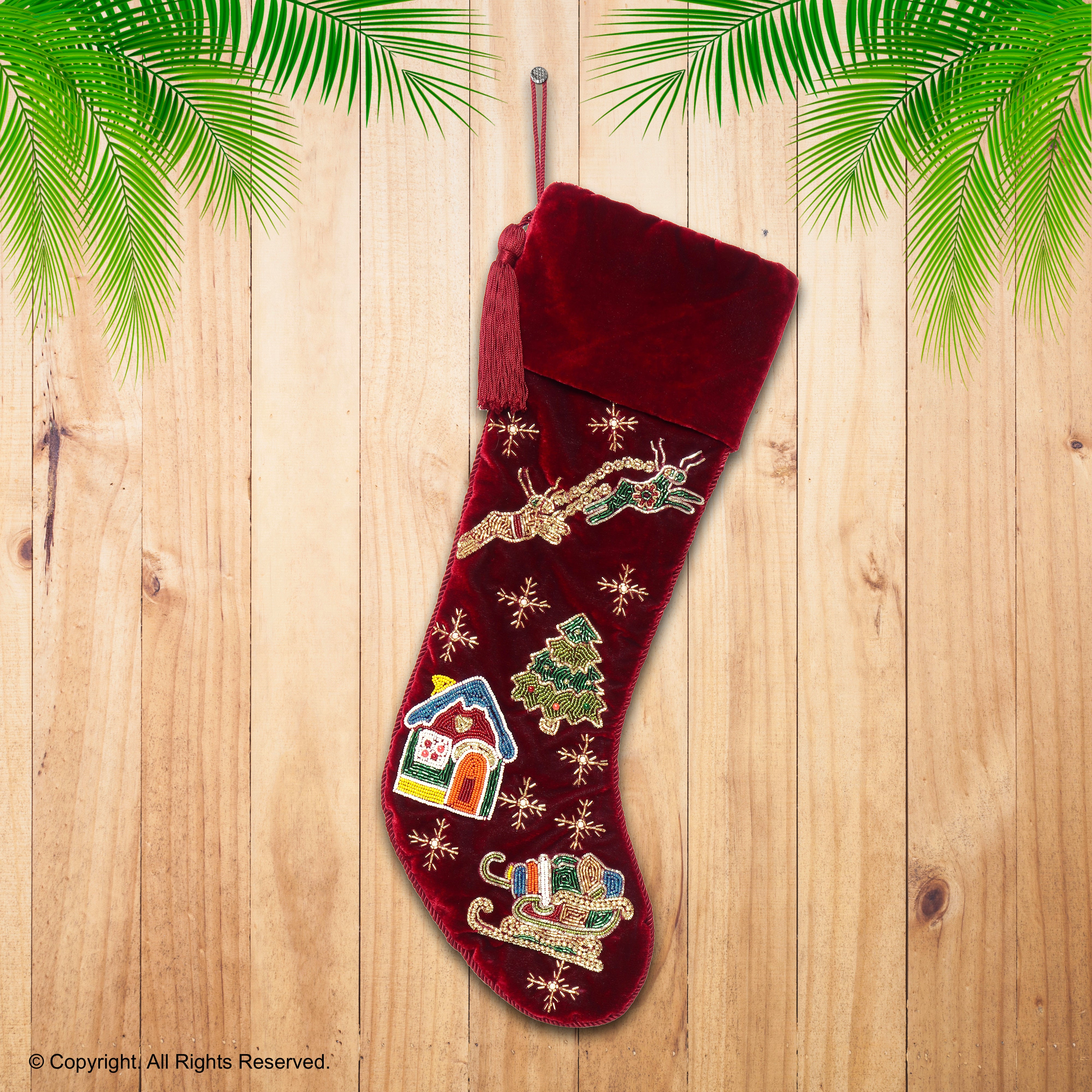 PERSONALISED 'REINDEER OVER THE CITY' RED VELVET CHRISTMAS STOCKING