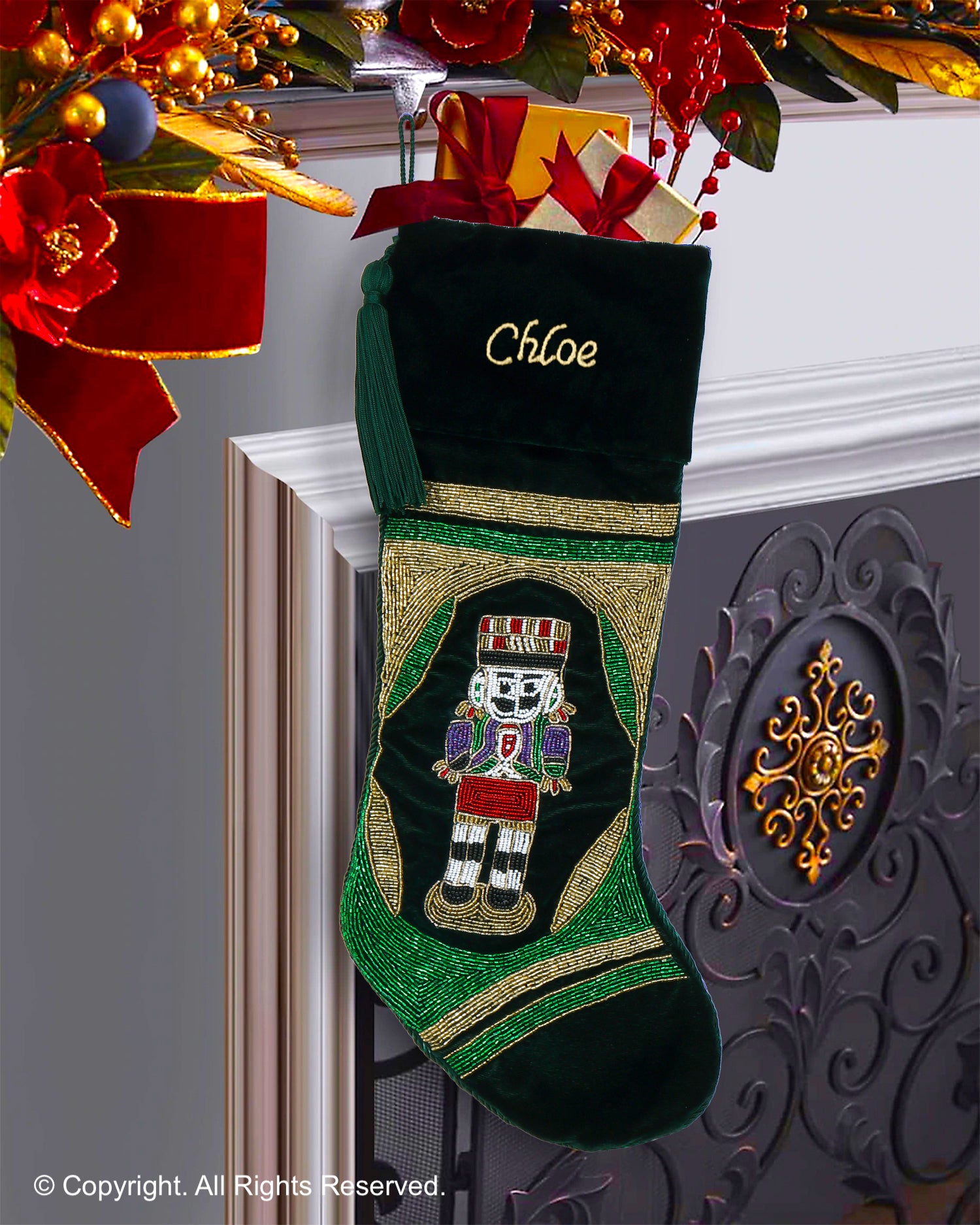 PERSONALISED NUTCRACKER GREEN VELVET CHRISTMAS STOCKING