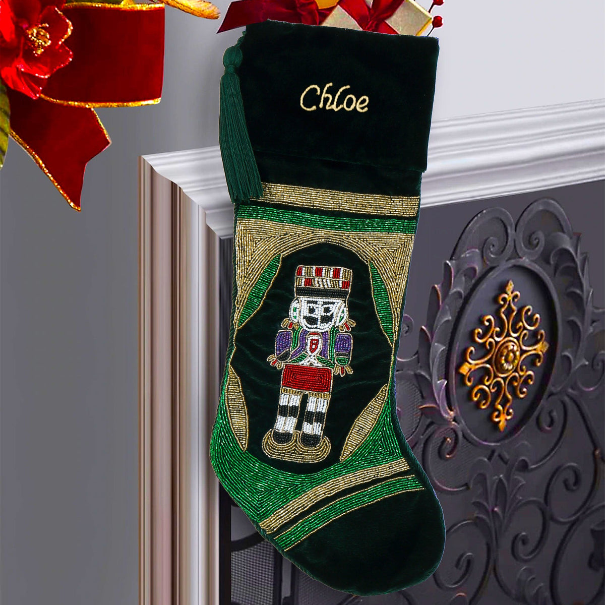 PERSONALISED NUTCRACKER GREEN VELVET CHRISTMAS STOCKING