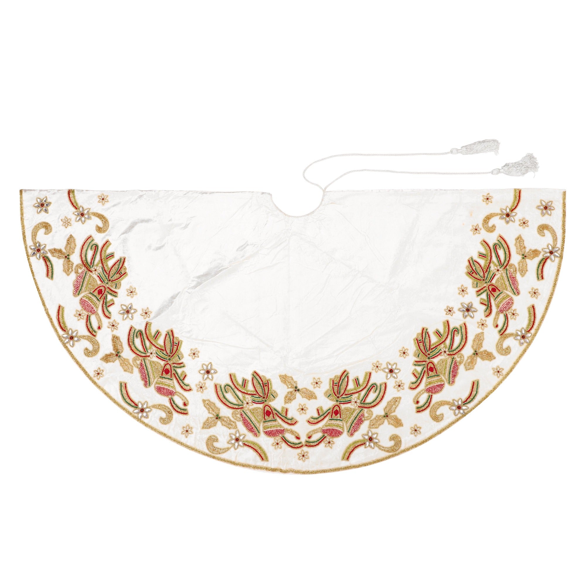 Christmas Bells Embroided White Velvet Christmas Tree Skirt