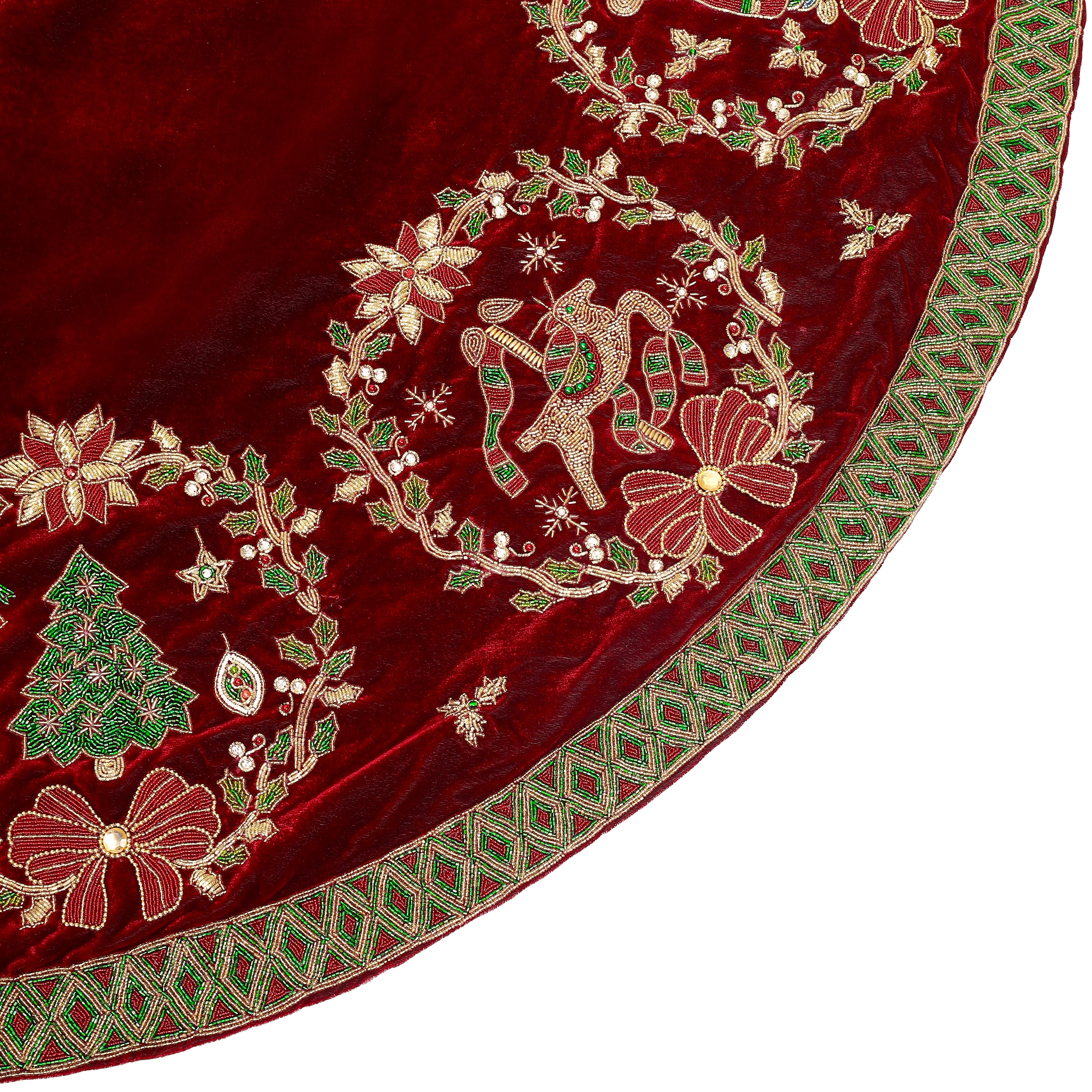 Joyful Wreath Tapestry Red Velvet Christmas Tree Skirt