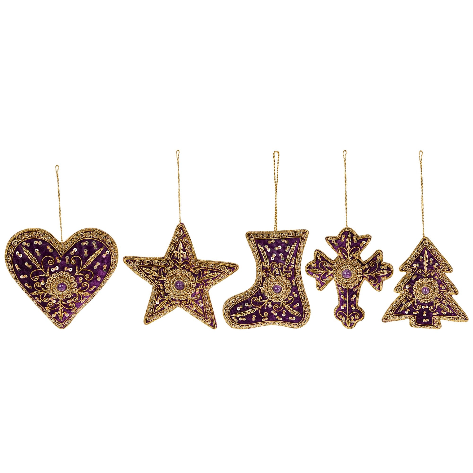 Festive shine Stars, Hearts, Cross, Shoe & tree Christmas ornaments set of 5 pieces for holiday decor (1SET=5PC)