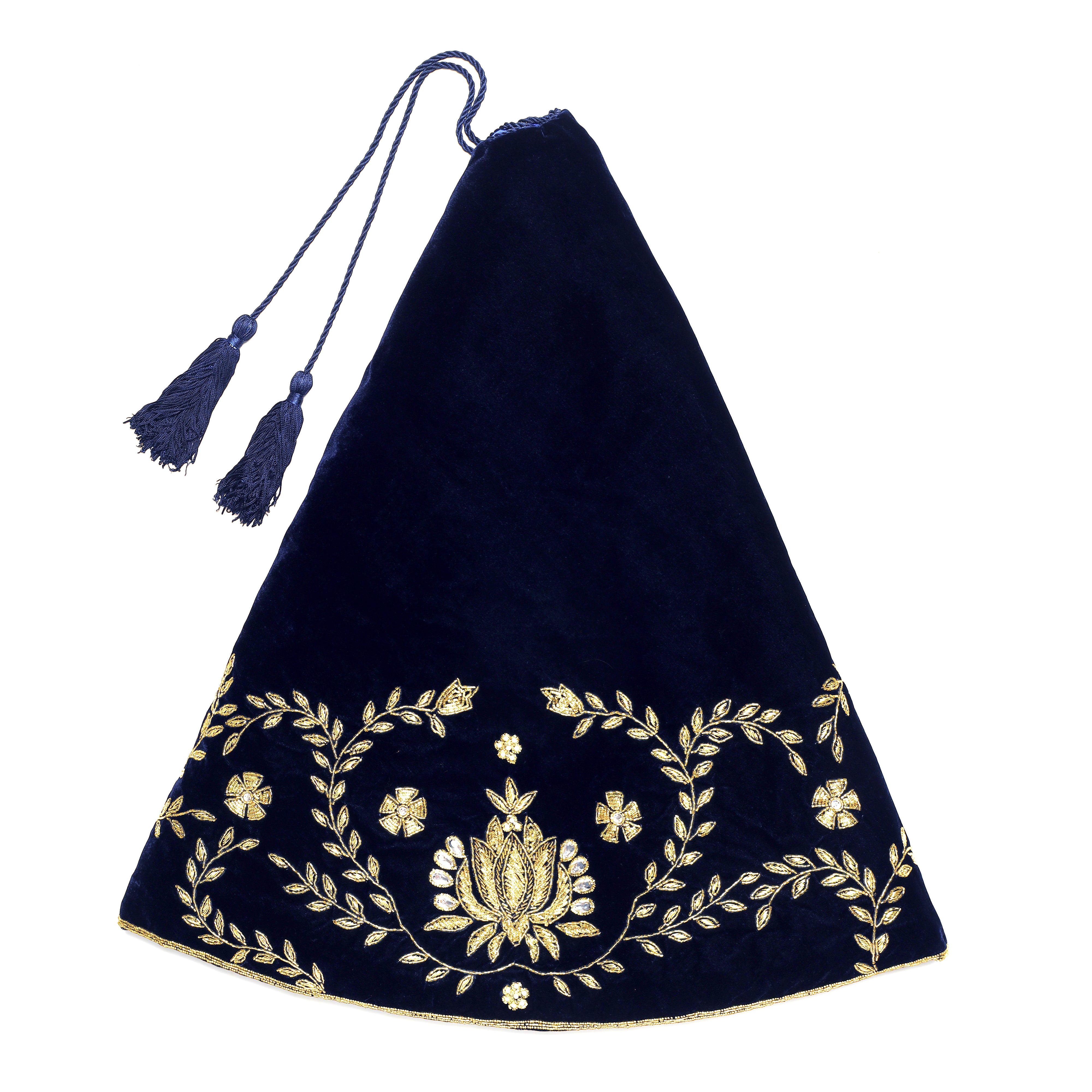 Beaded Lotus Navy Blue Velvet Christmas Tree Skirt