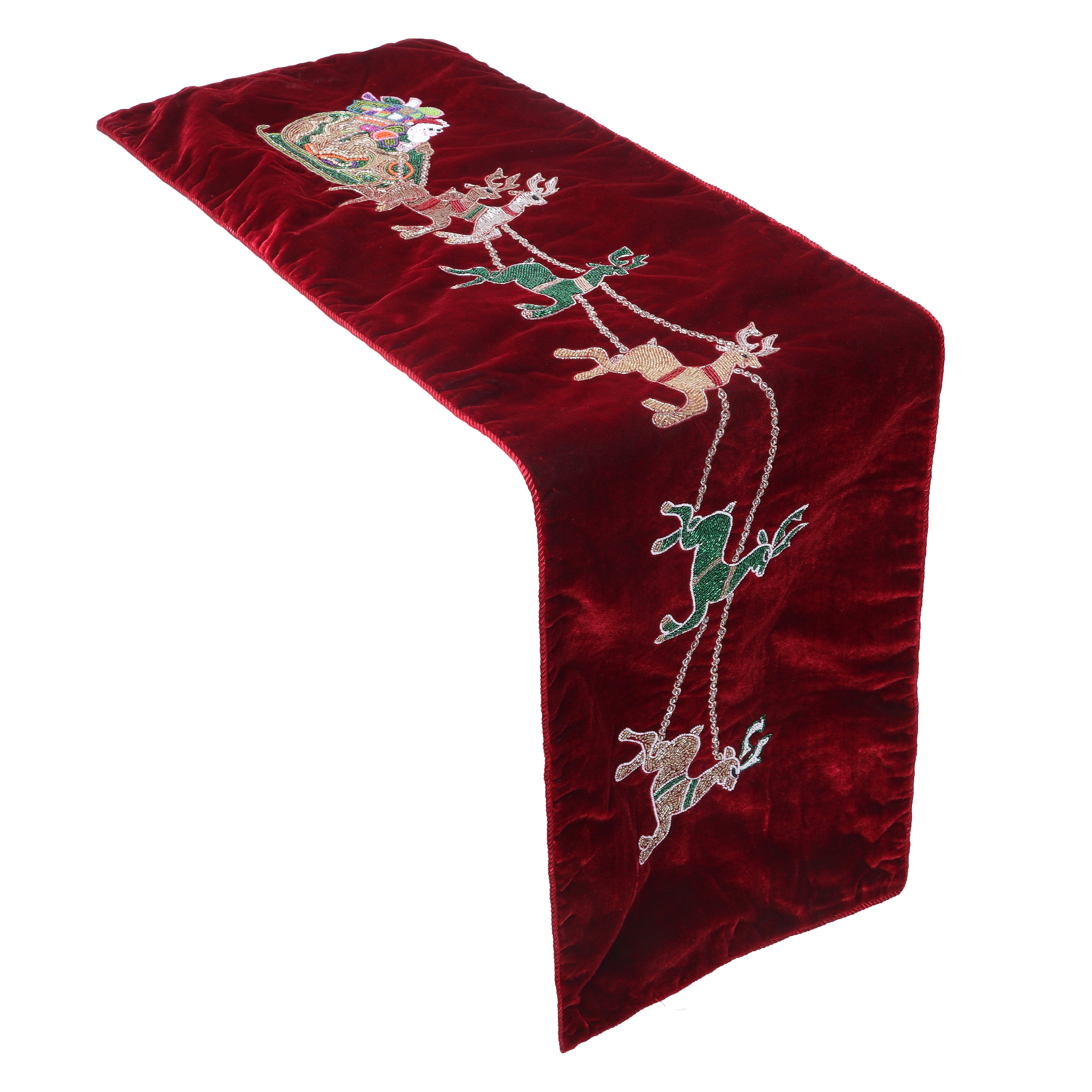 Red Velvet Christmas Runner with Santa Reindeer carriage