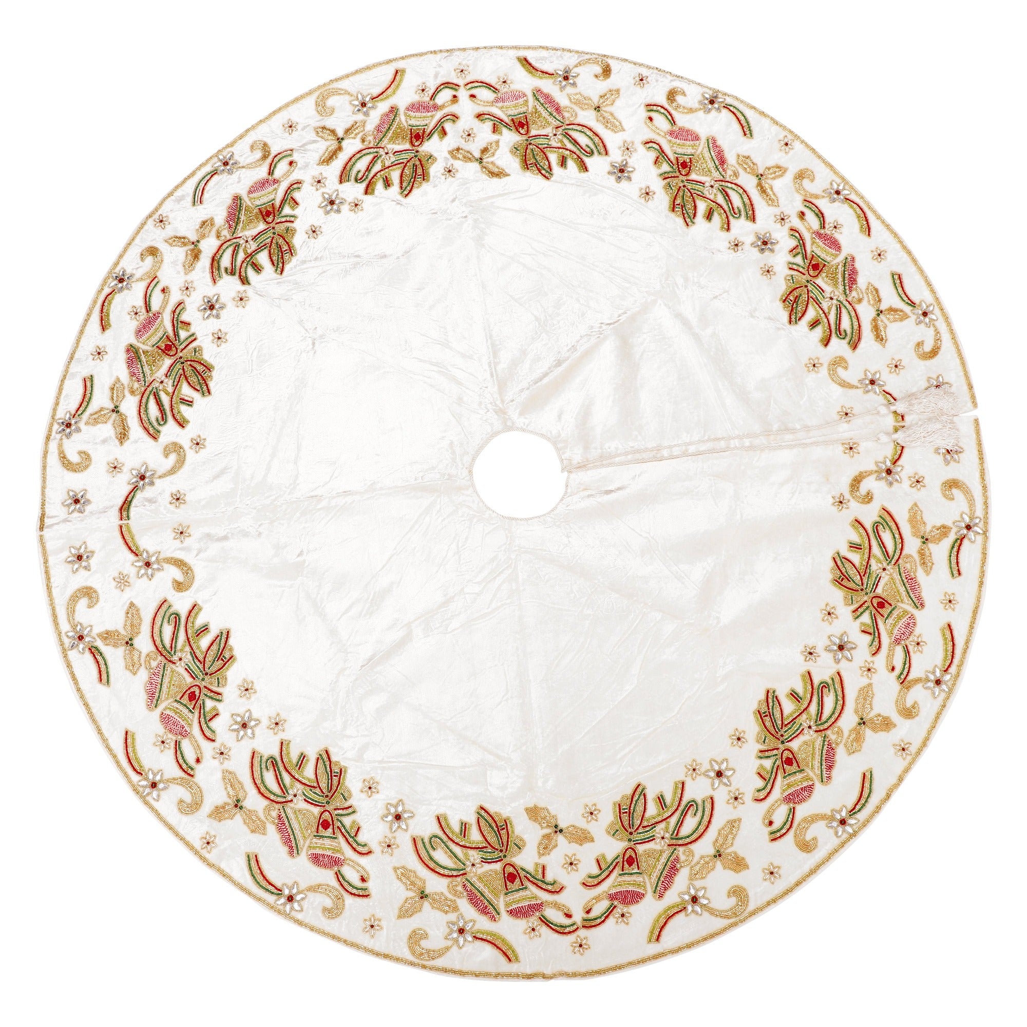 Christmas Bells Embroided White Velvet Christmas Tree Skirt