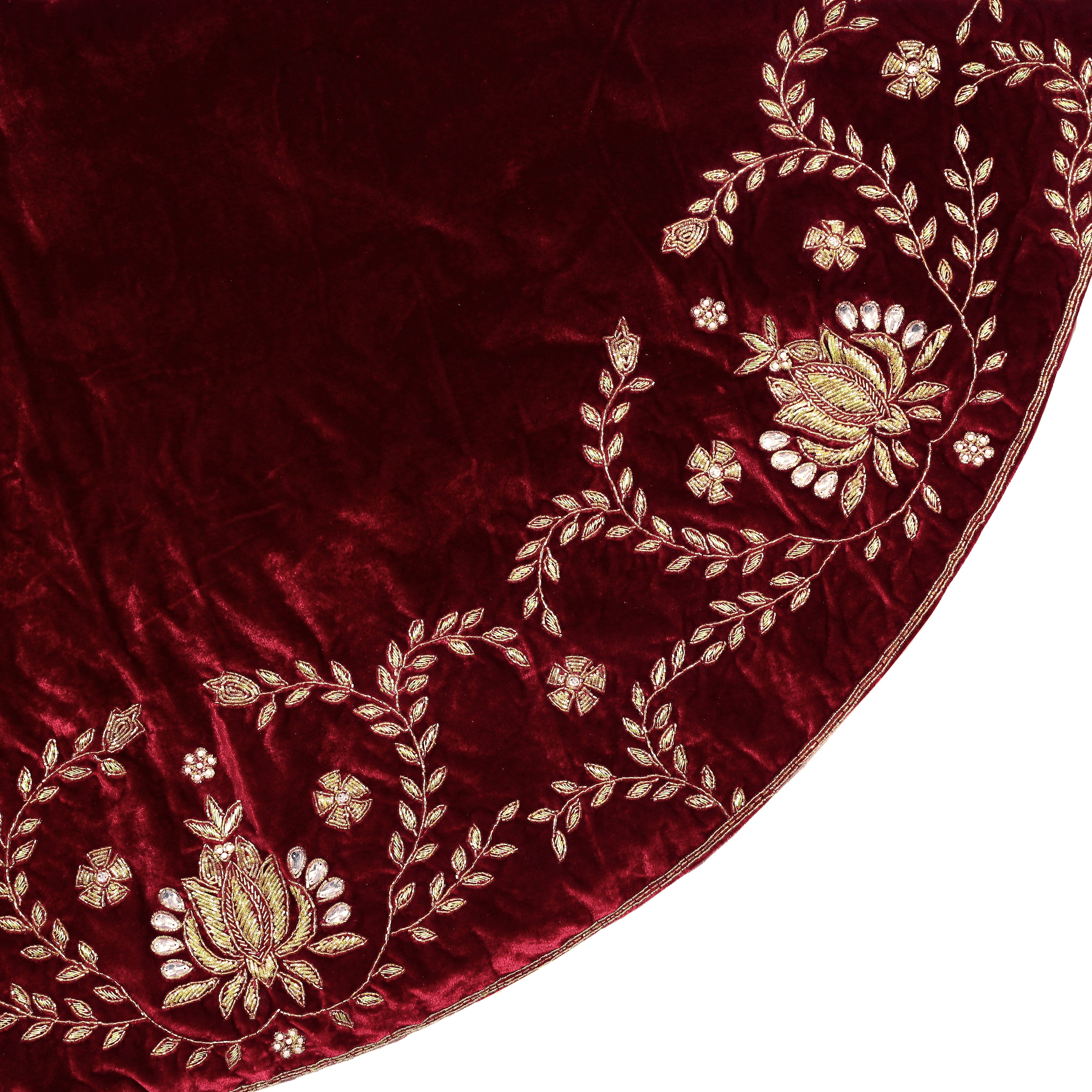 Beaded Lotus Red Velvet Christmas Tree Skirt
