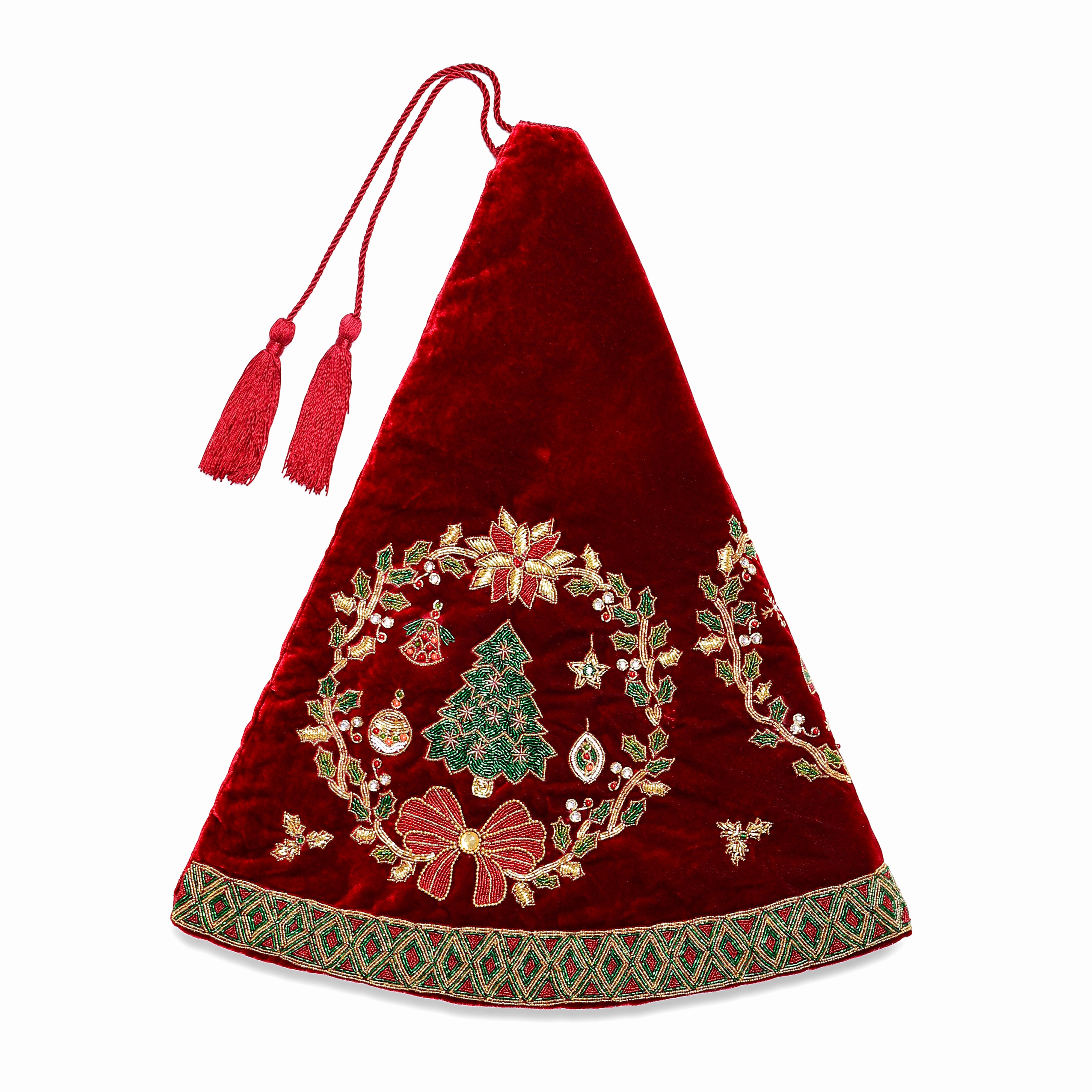 Joyful Wreath Tapestry Red Velvet Christmas Tree Skirt