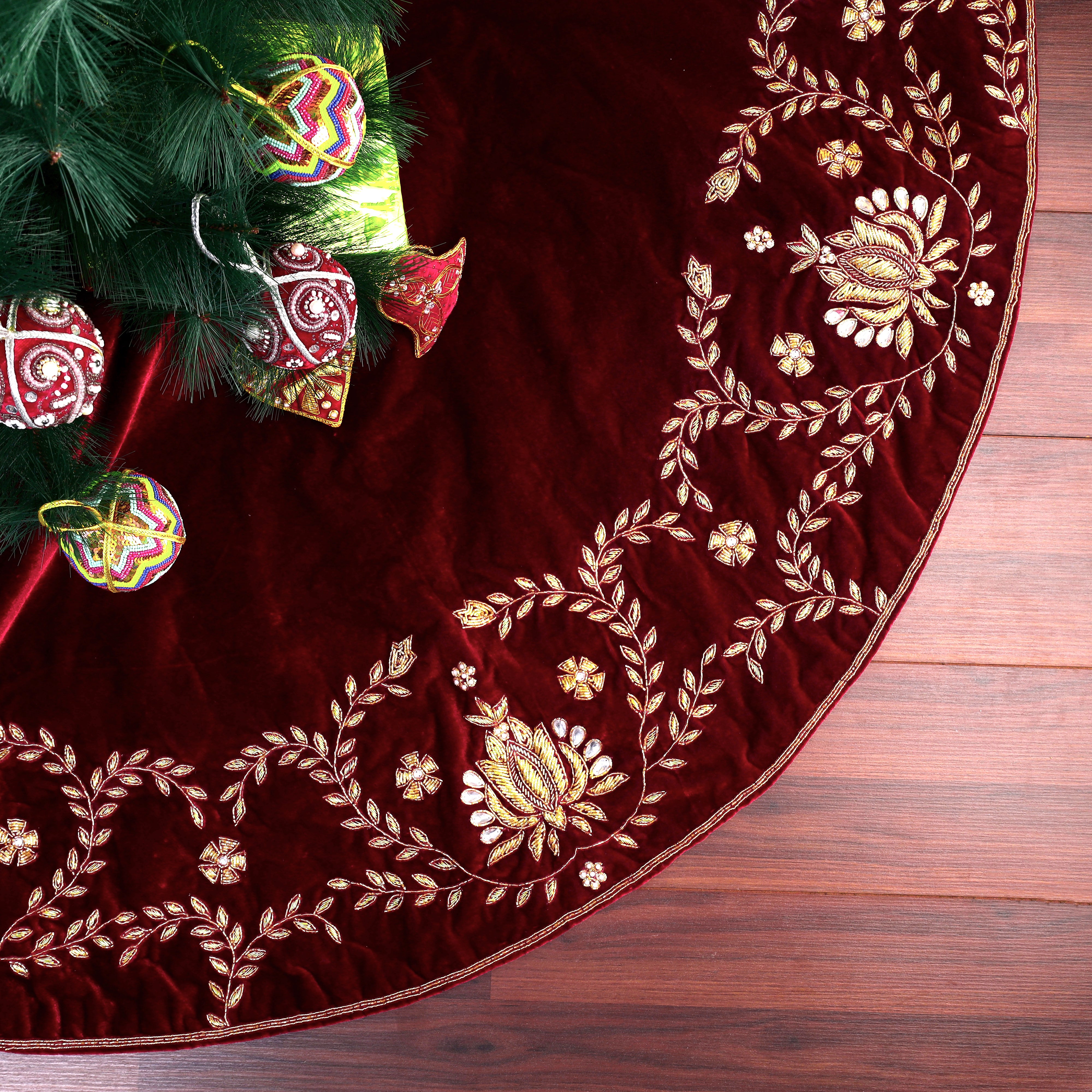 Beaded Lotus Red Velvet Christmas Tree Skirt