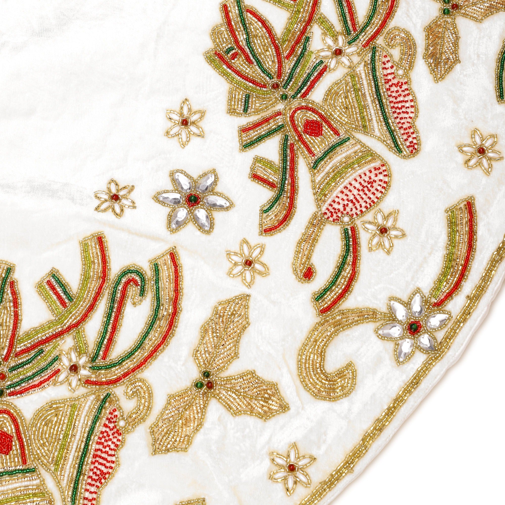 Christmas Bells Embroided White Velvet Christmas Tree Skirt
