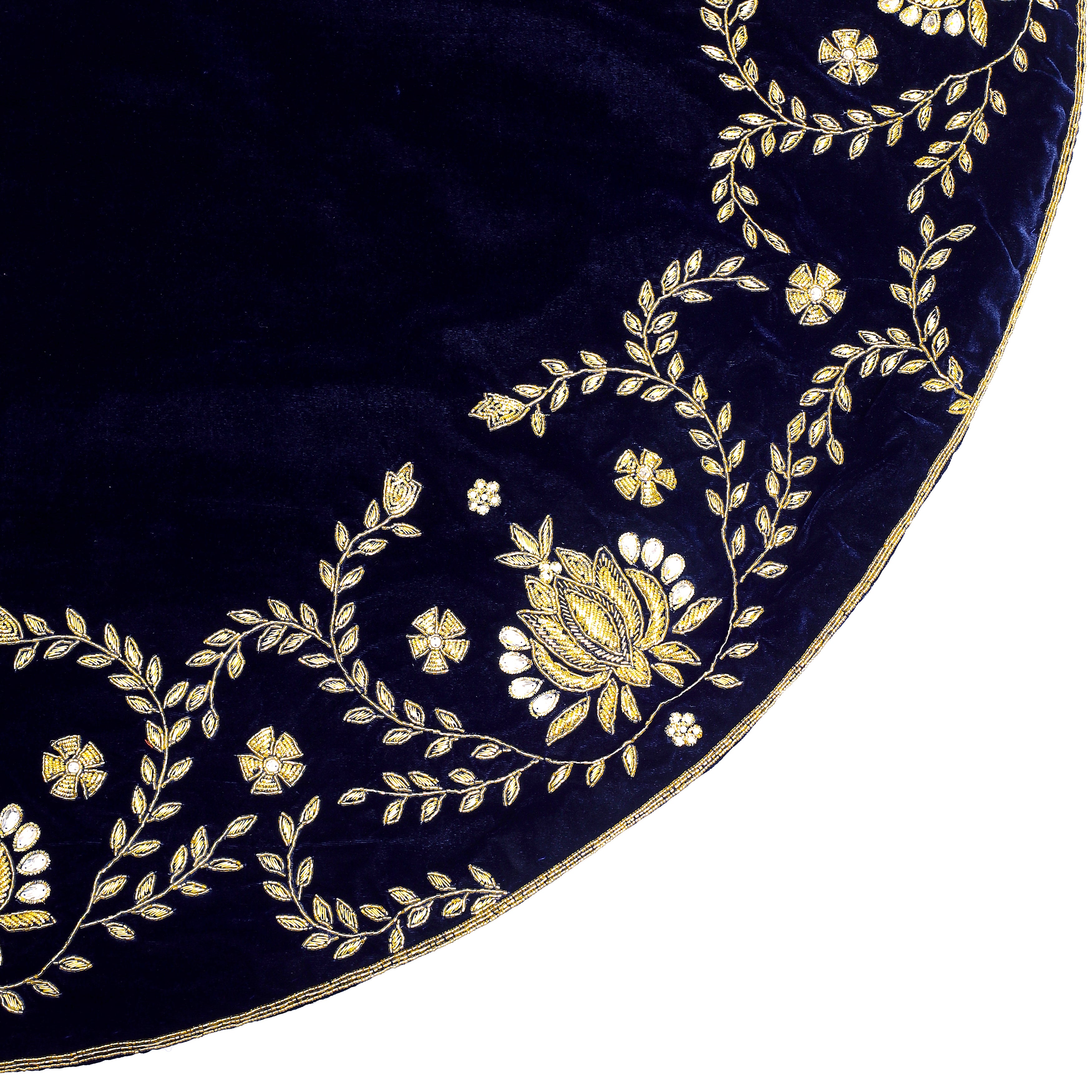 Beaded Lotus Navy Blue Velvet Christmas Tree Skirt