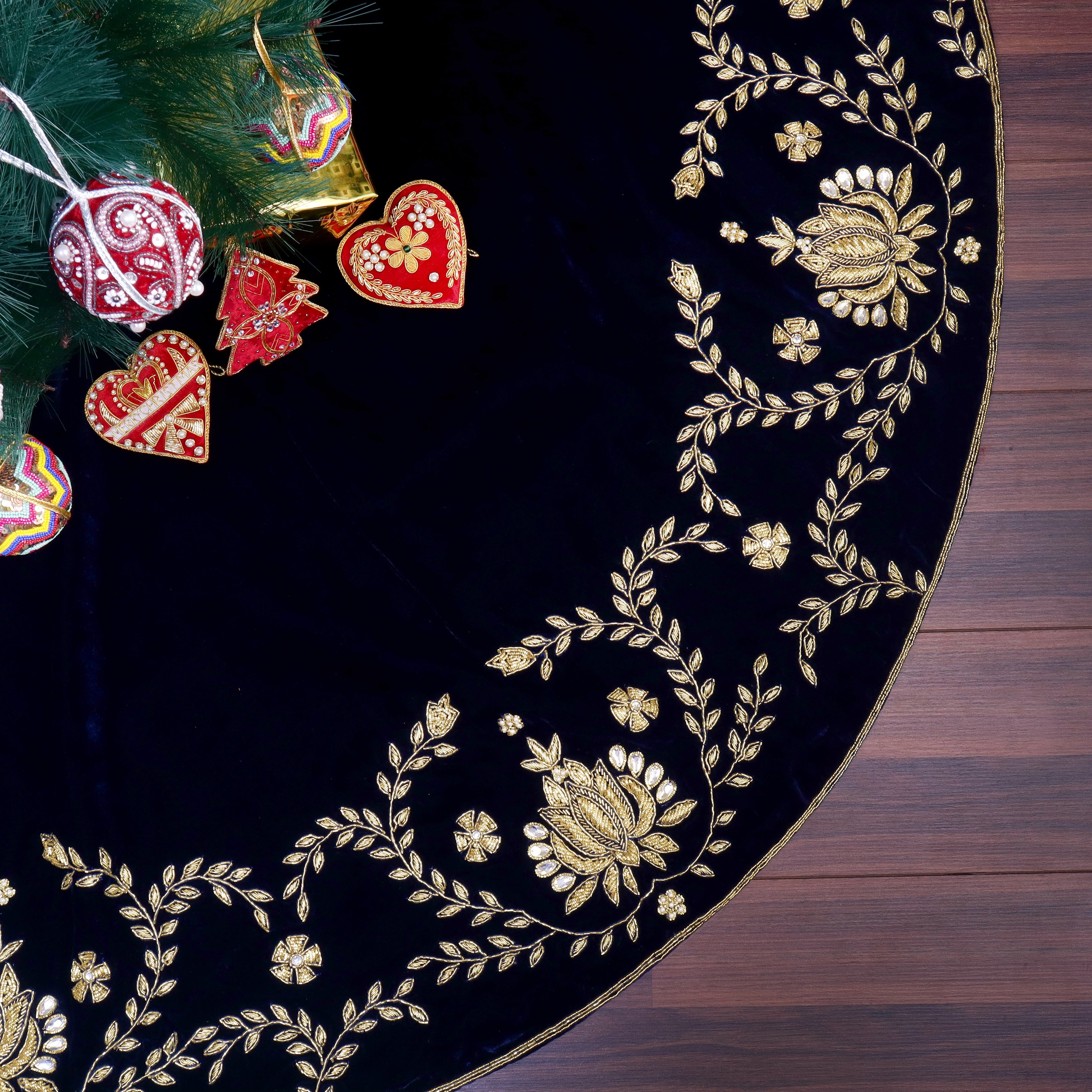 Beaded Lotus Navy Blue Velvet Christmas Tree Skirt