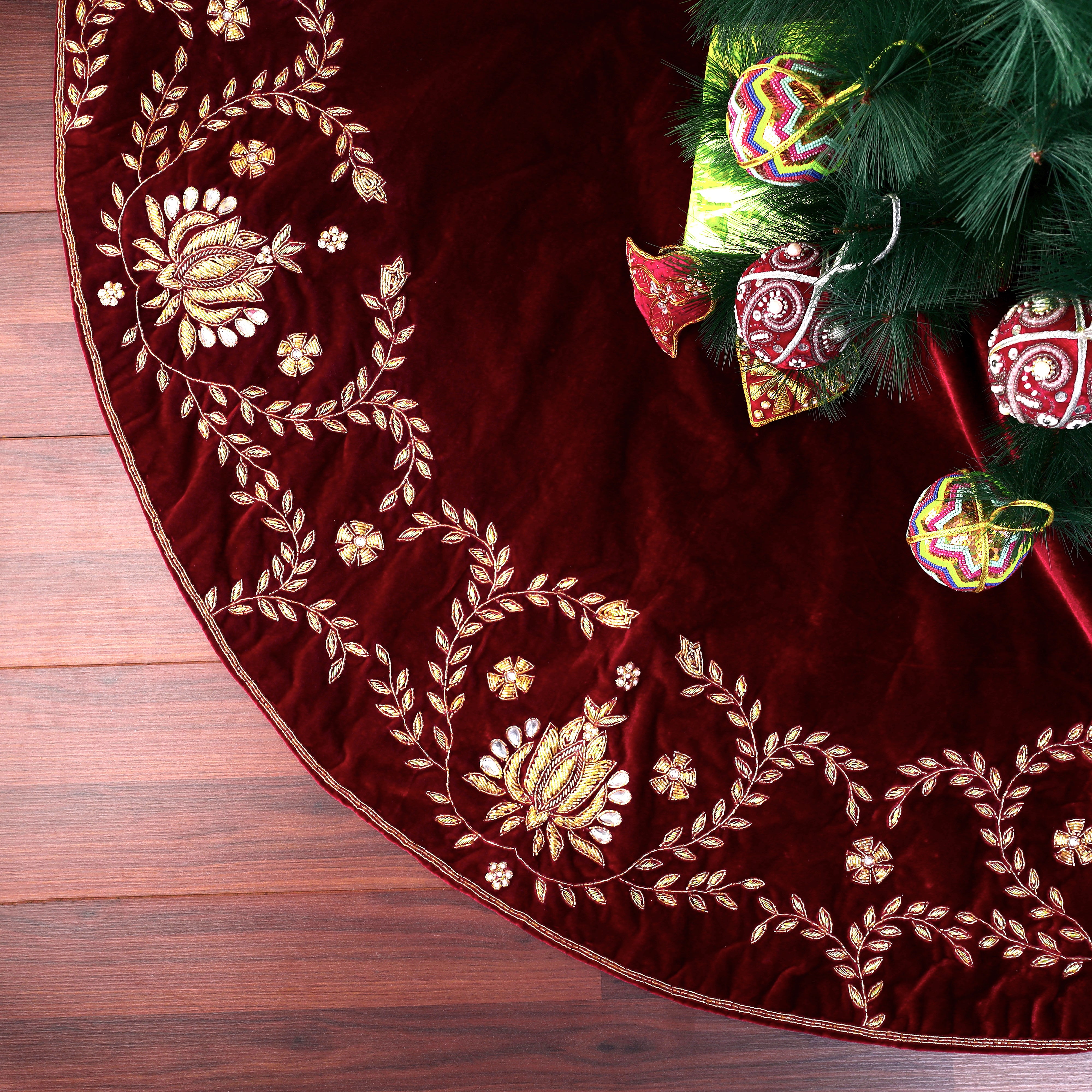 Beaded Lotus Red Velvet Christmas Tree Skirt