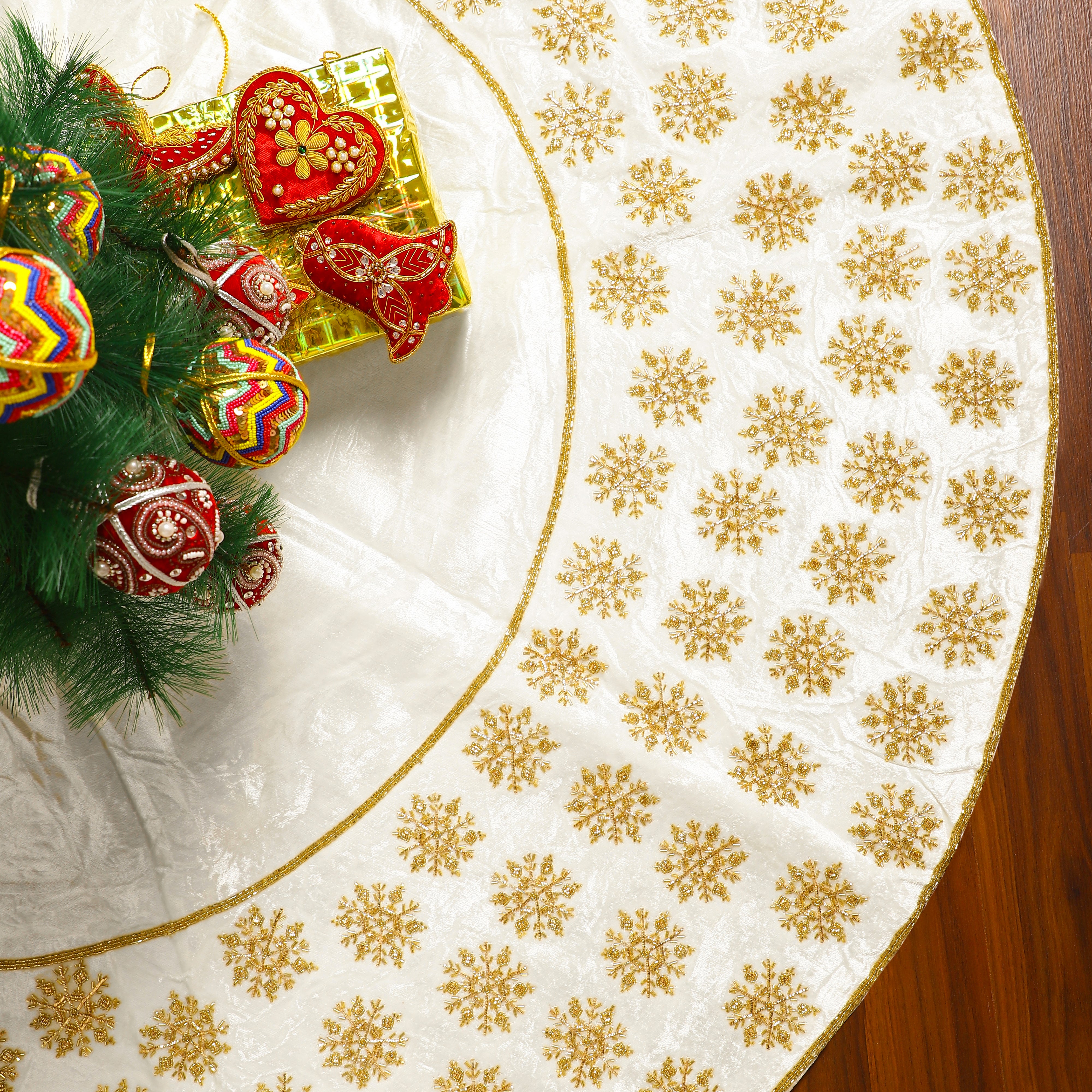 Beaded Snowflake White Velvet Christmas Tree Skirt & Matching Christmas Stocking Set