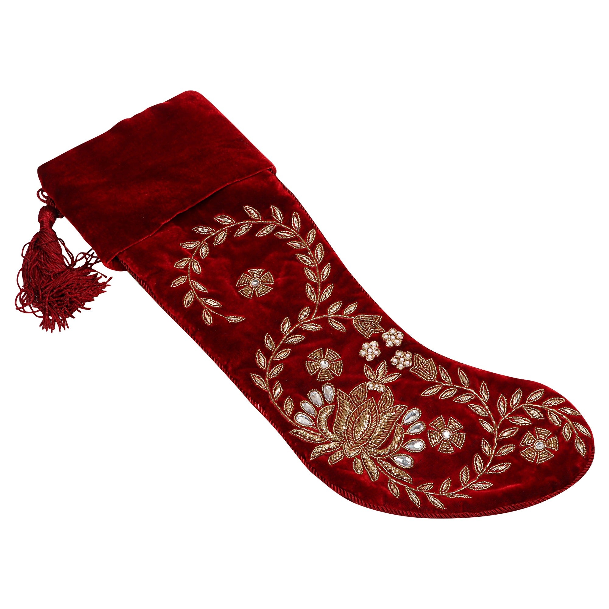PERSONALISED BEADED LOTUS RED VELVET CHRISTMAS STOCKING