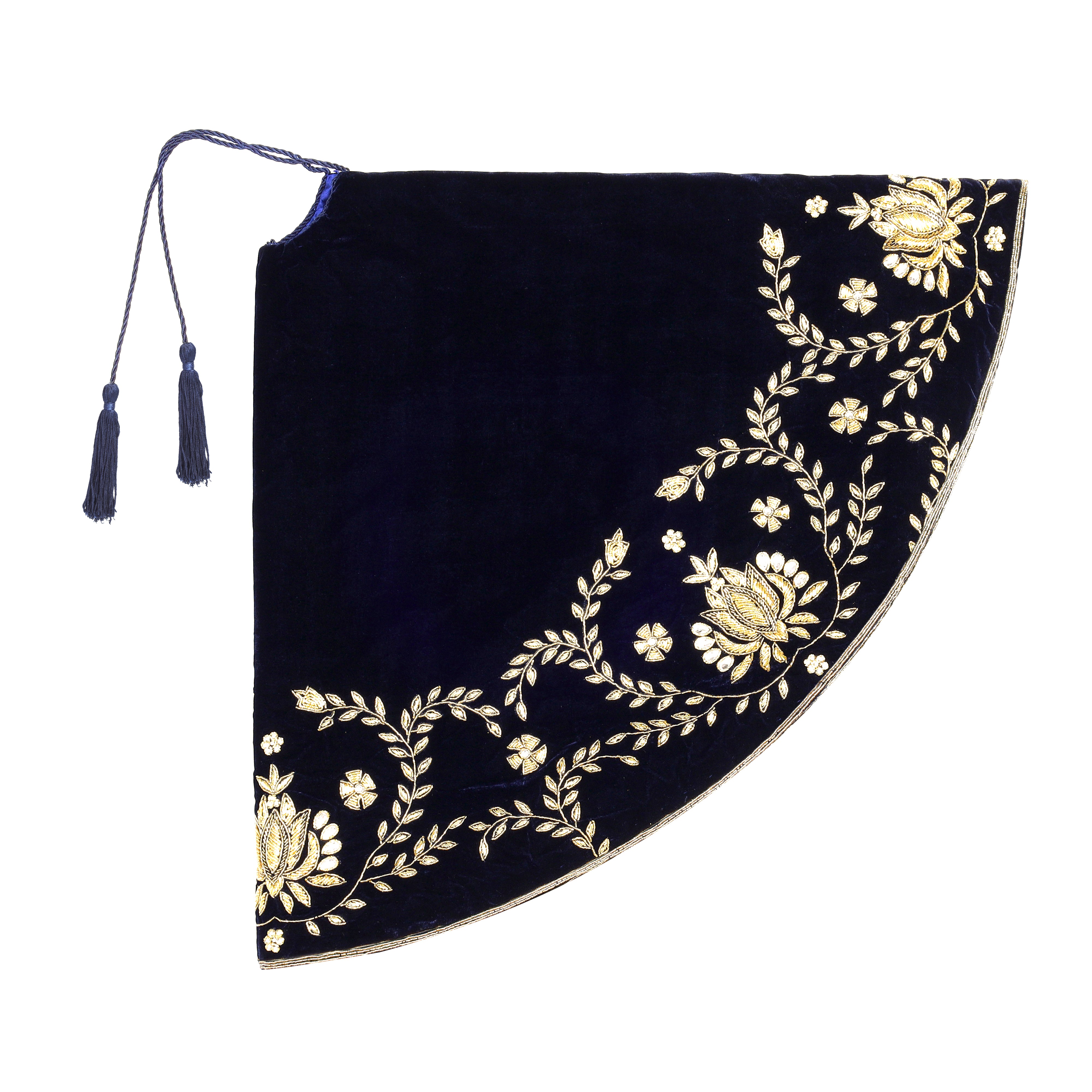 Beaded Lotus Navy Blue Velvet Christmas Tree Skirt