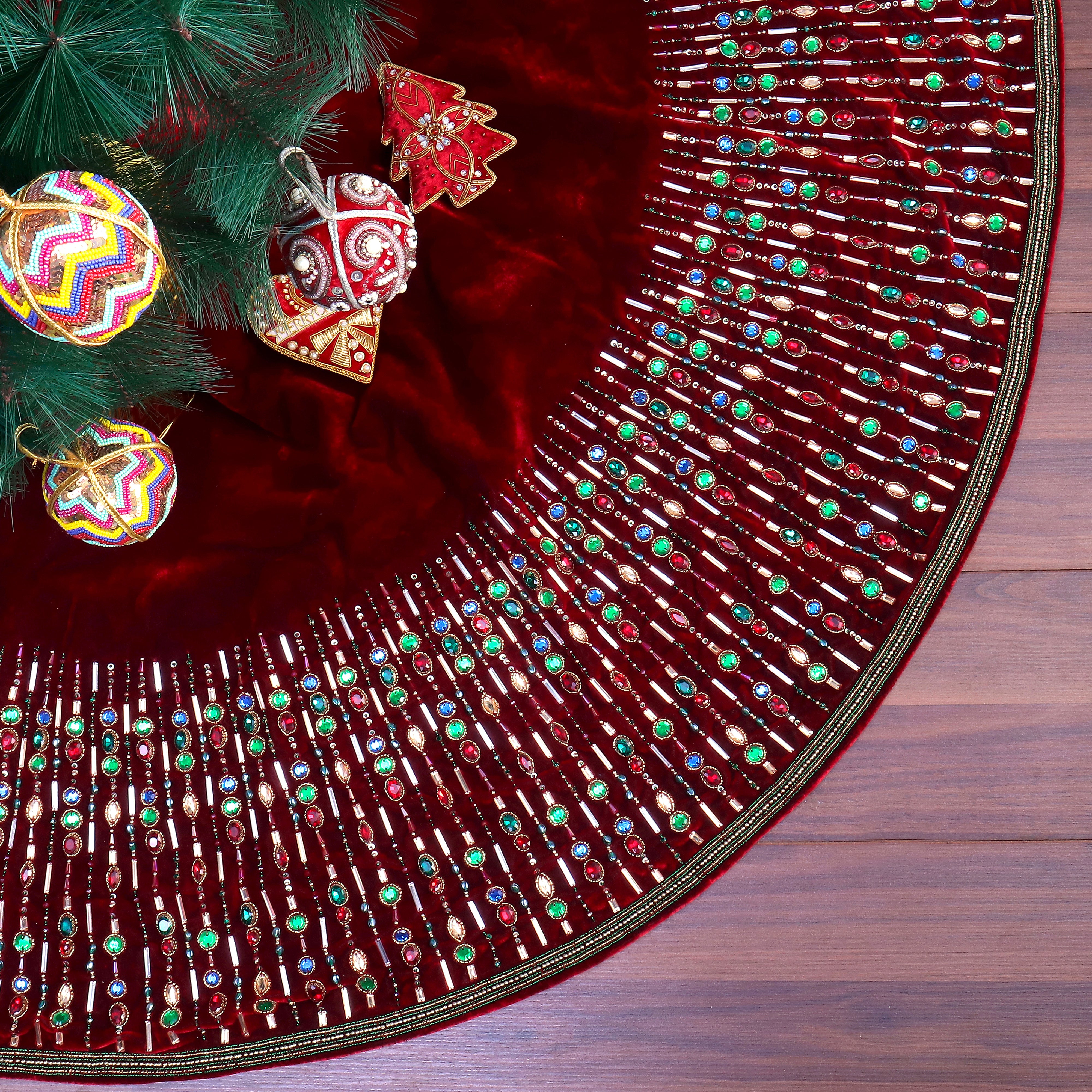 A Regal Gem: The Jewel-Crafted Red Velvet Christmas Tree Skirt