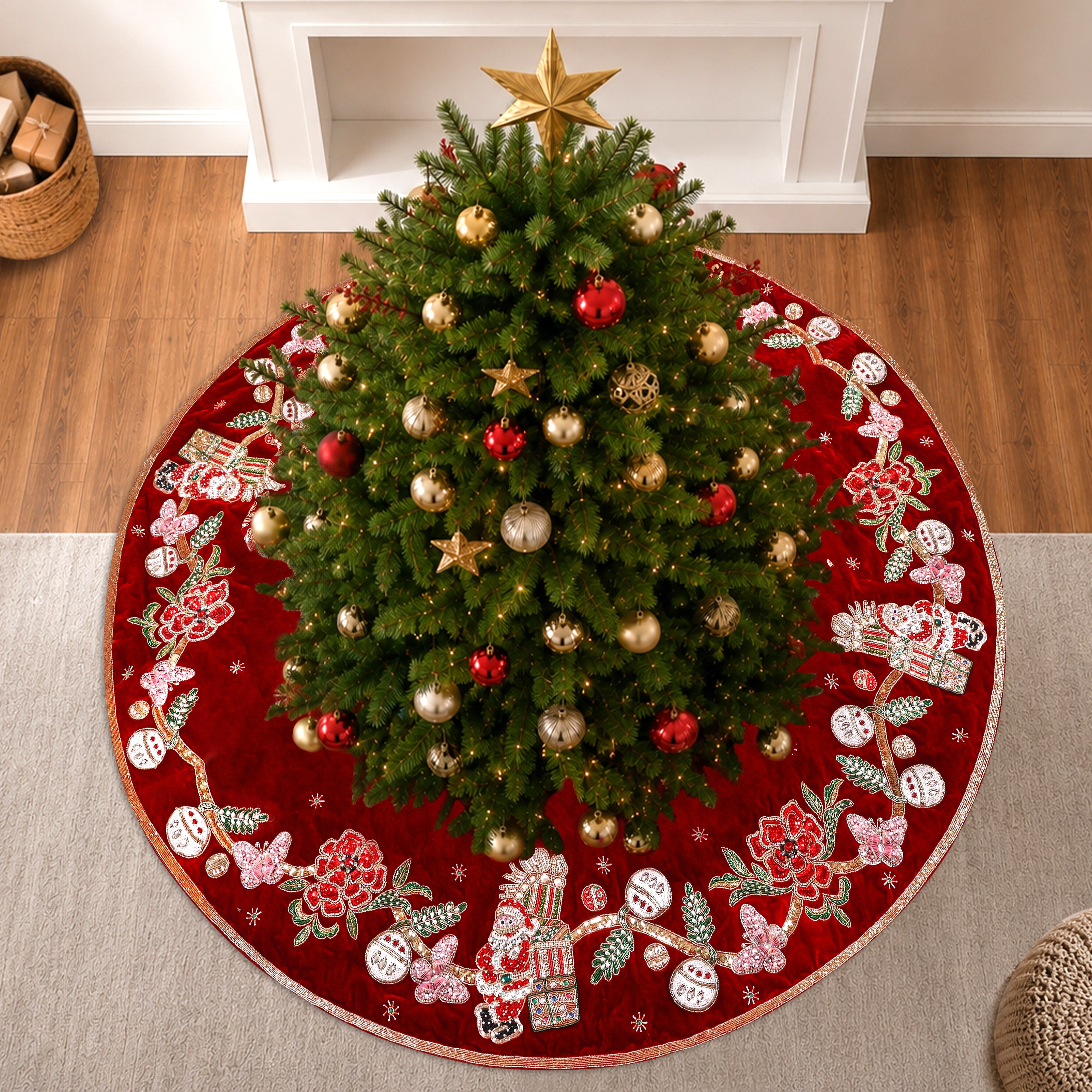 Beaded The Santa Story book Red velvet Christmas Tree Skirt