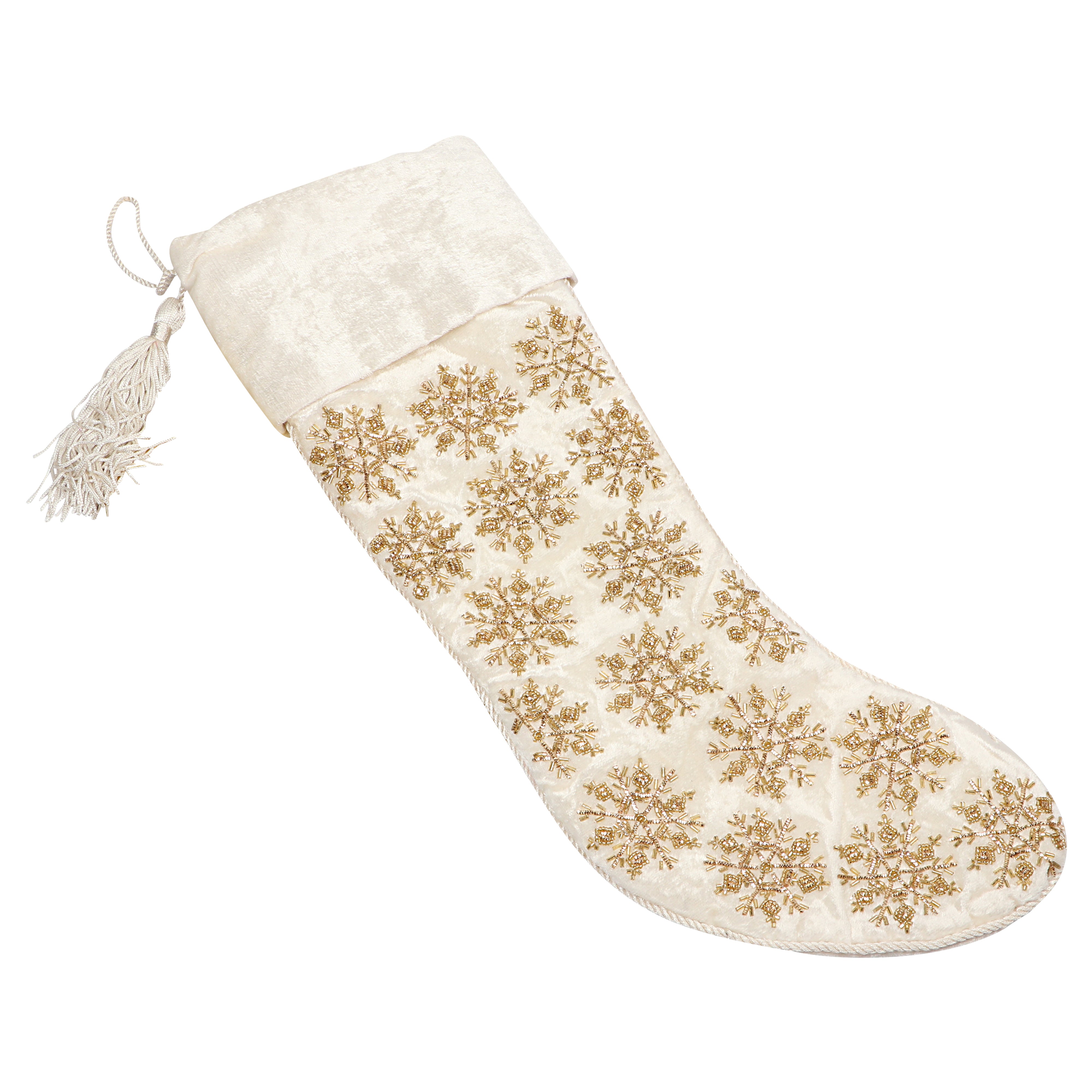 PERSONALISED BEADED SNOWFLAKE WHITE VELVET CHRISTMAS STOCKING