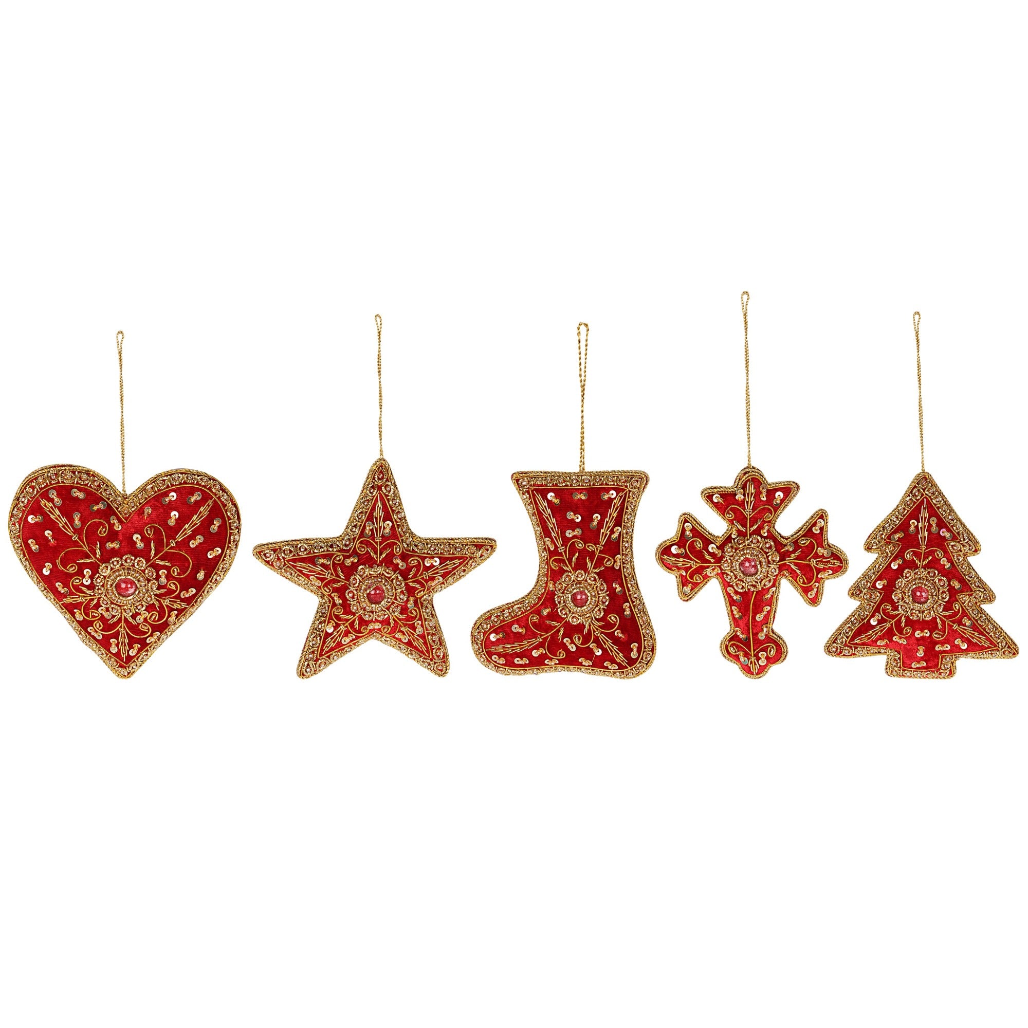 Festive shine Stars, Hearts, Cross, Shoe & tree Christmas ornaments set of 5 pieces for holiday decor (1SET=5PC)