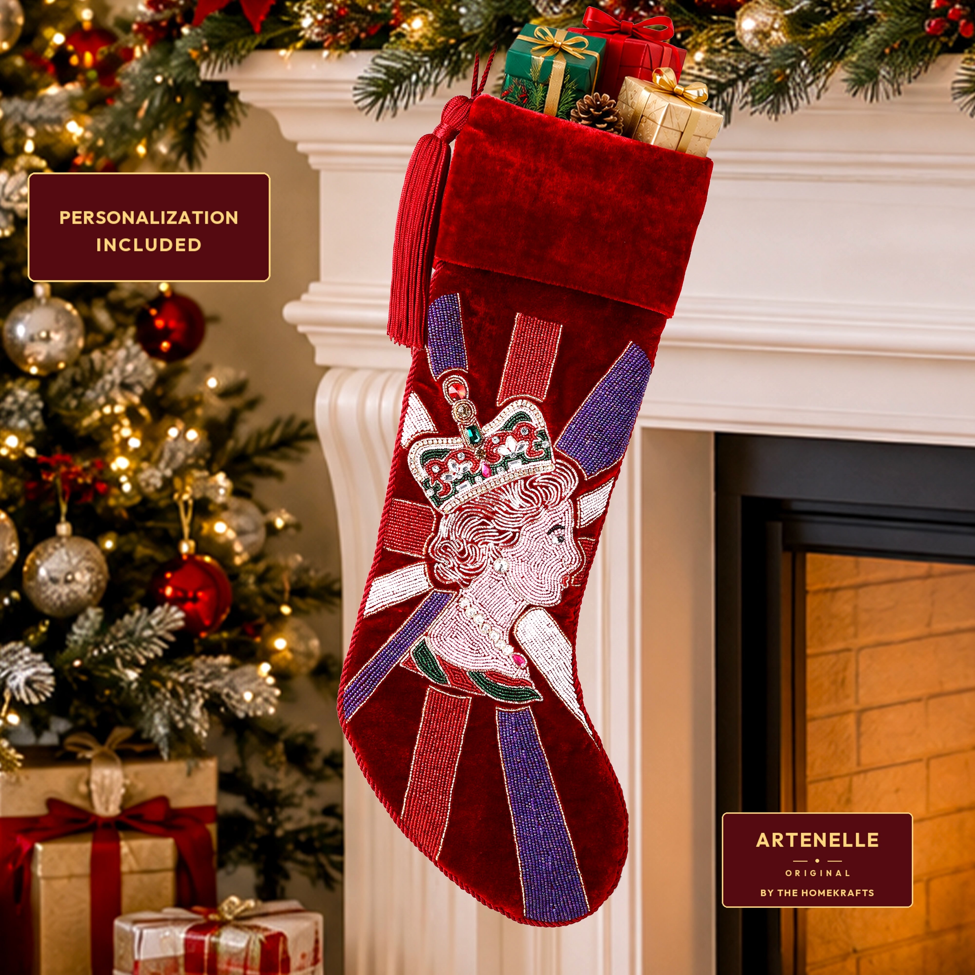 Personalized Royal Queen beaded Red Velvet Christmas Stocking