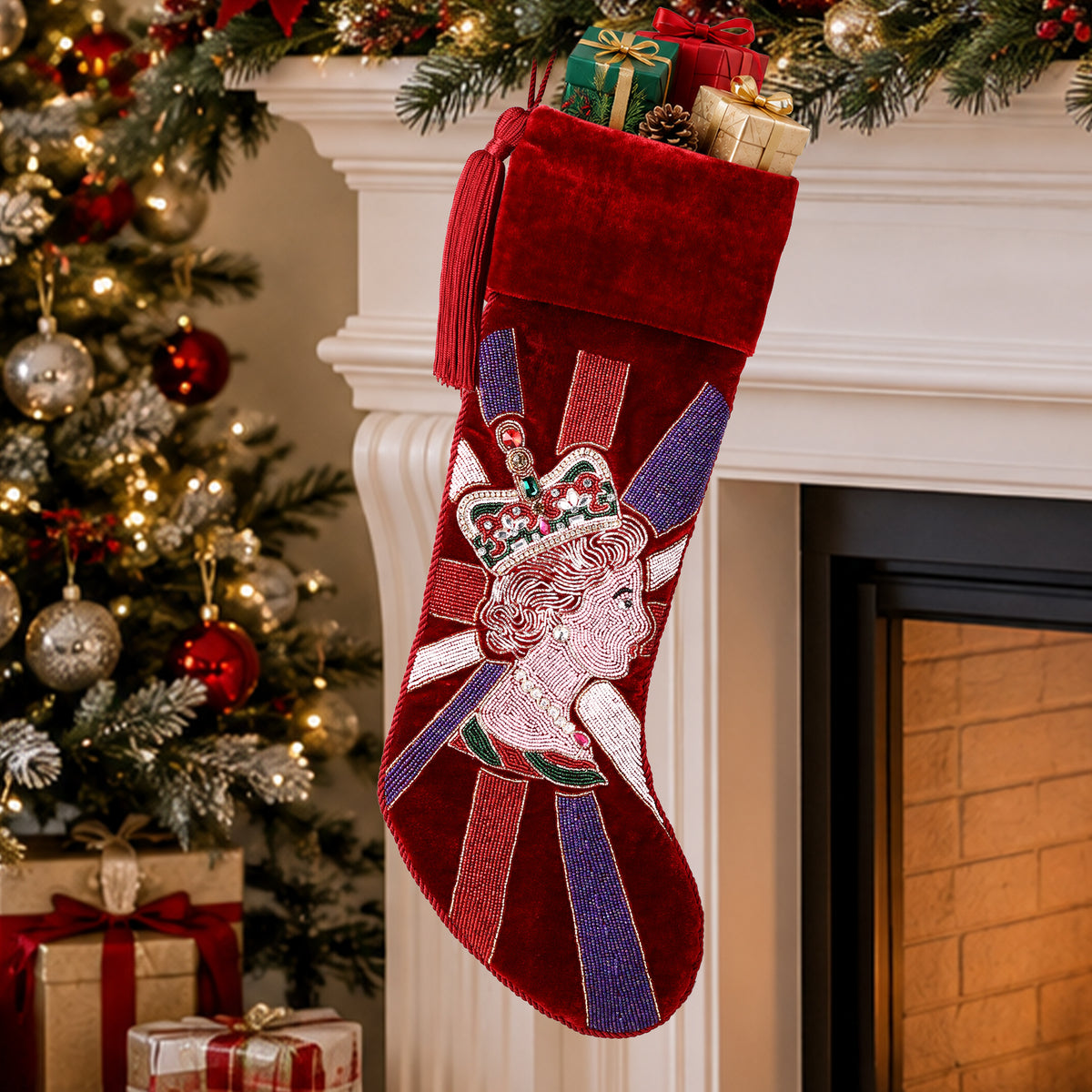 Personalized Royal Queen beaded Red Velvet Christmas Stocking
