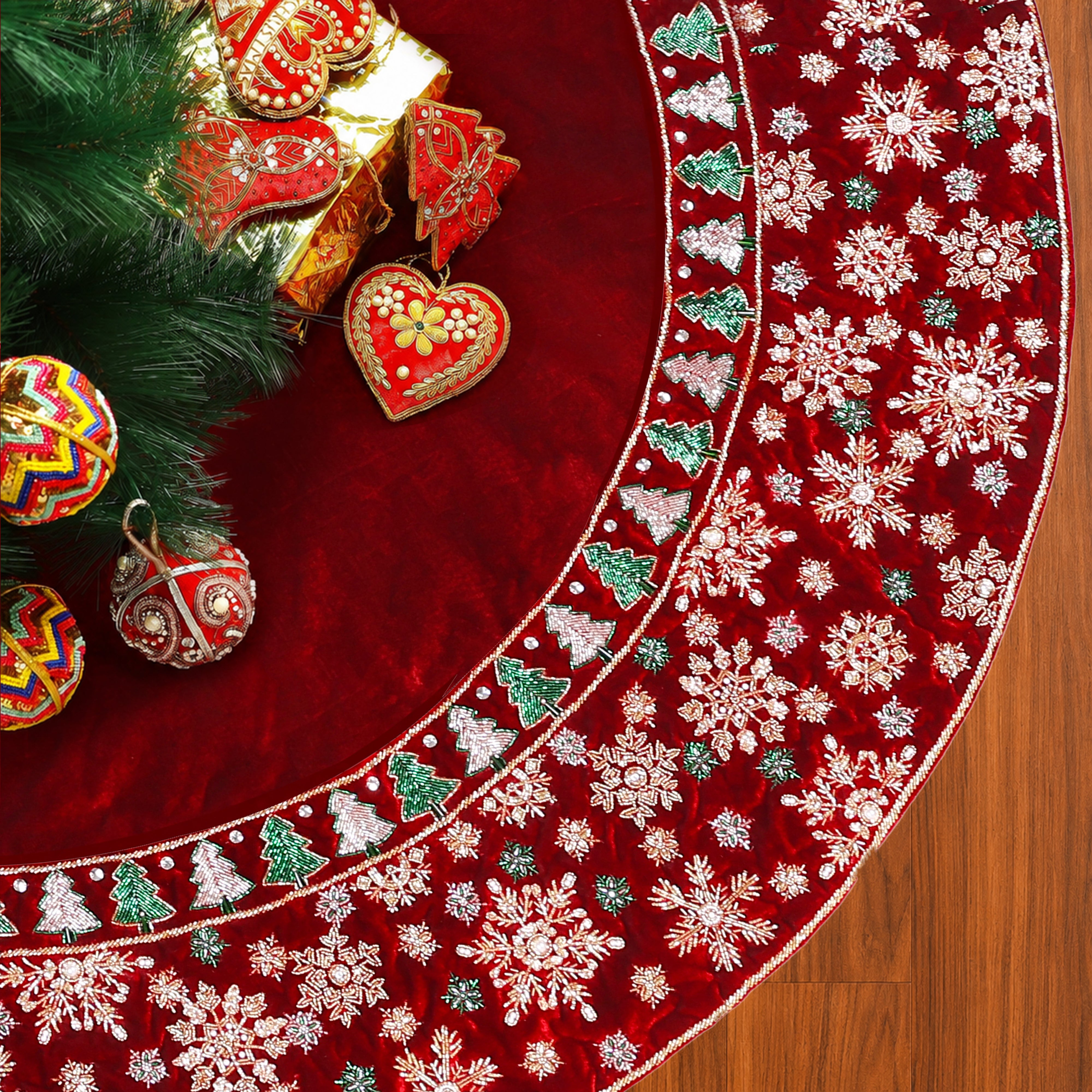 Beaded Snowflakes & Trees Red velvet Christmas Tree Skirt