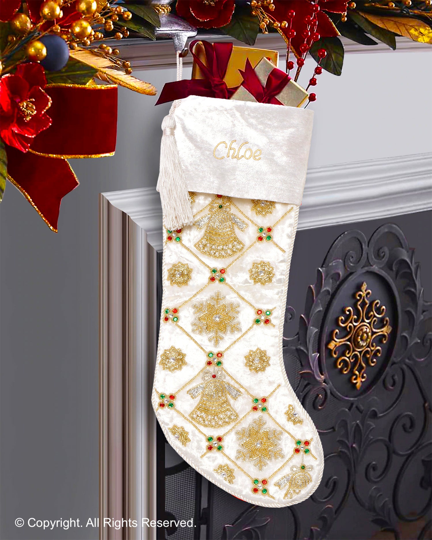 PERSONALISED JINGLE BELL AND SNOWFLAKE MAGIC WHITE VELVET CHRISTMAS STOCKING