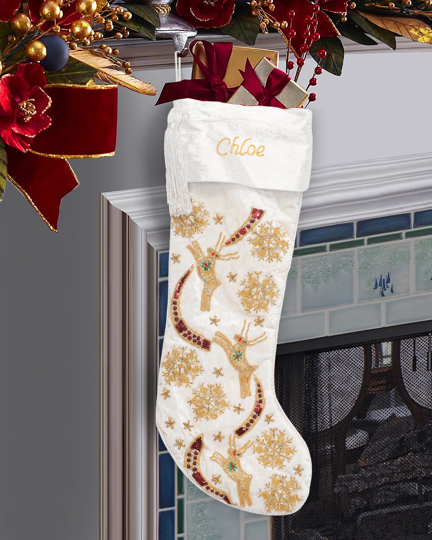 BELLS DEER & SNOWFLAKE WHITE VELVET 3 PIECE CHRISTMAS STOCKING SET