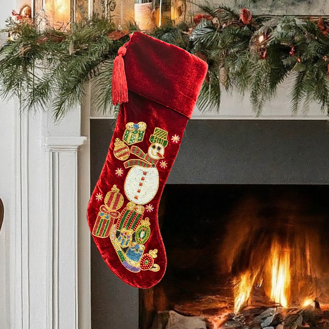 PERSONALISED SNOWMAN RED VELVET CHRISTMAS STOCKING