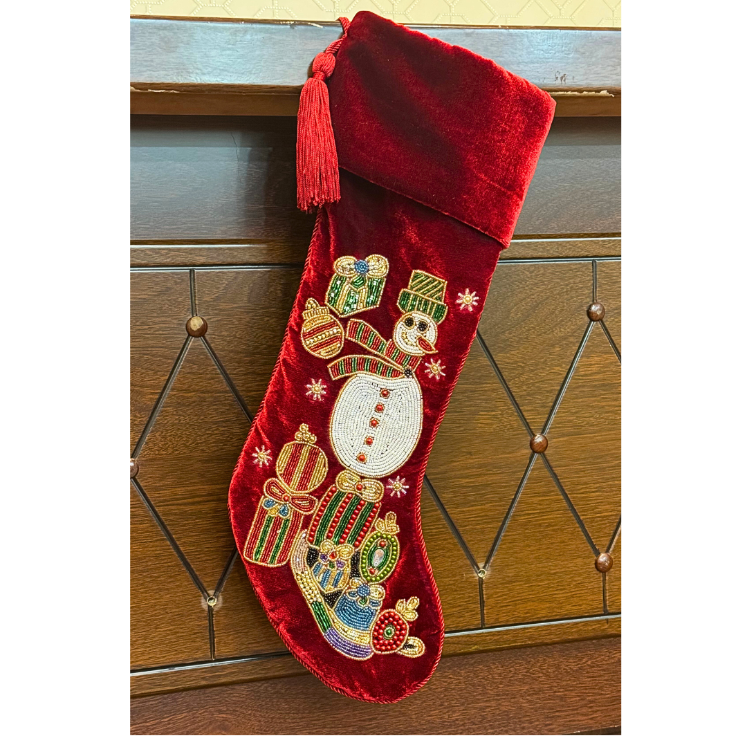 PERSONALISED SNOWMAN RED VELVET CHRISTMAS STOCKING