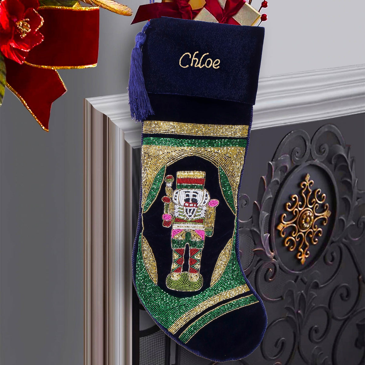PERSONALISED NUTCRACKER NAVY BLUE VELVET CHRISTMAS STOCKING