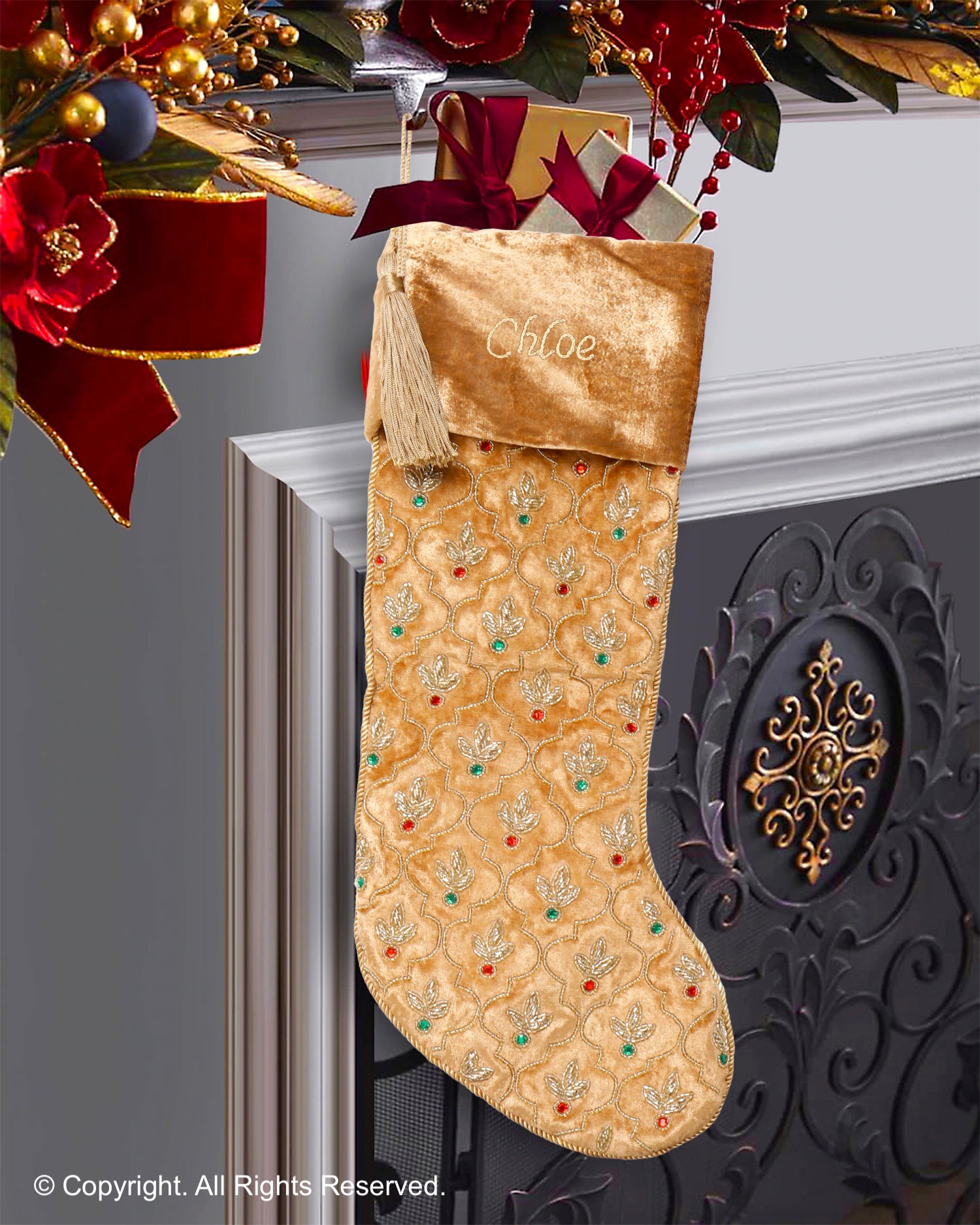 PERSONALISED GOLD VELVET INTRICATE LEAF CHRISTMAS STOCKING