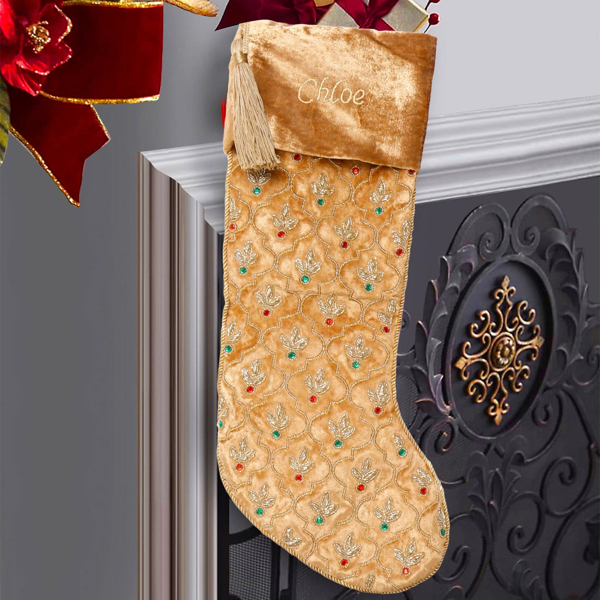 PERSONALISED GOLD VELVET INTRICATE LEAF CHRISTMAS STOCKING