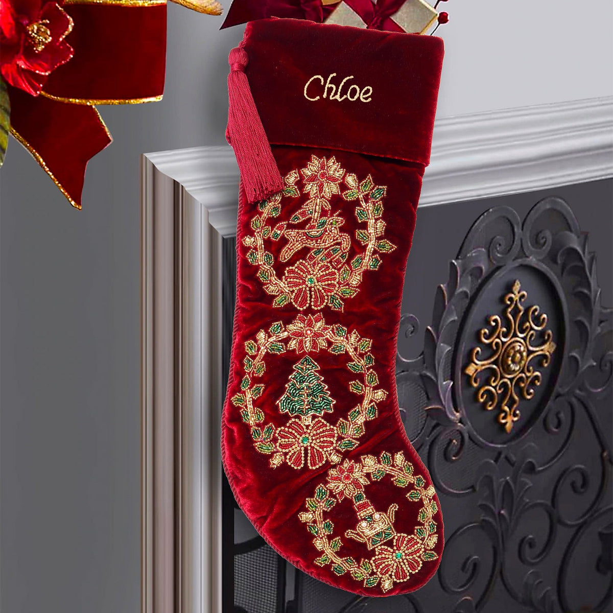PERSONALISED WREATH RED VELVET CHRISTMAS STOCKING