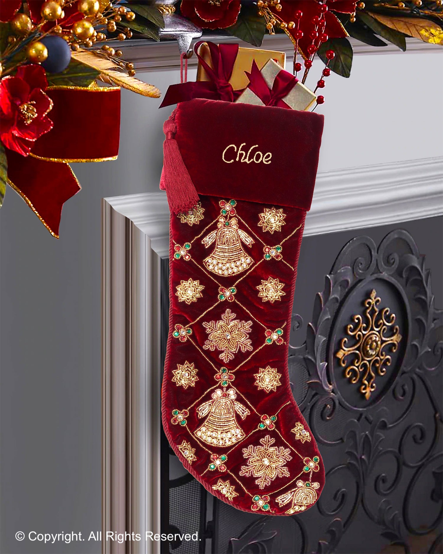 PERSONALISED JINGLE BELL AND SNOWFLAKE MAGIC RED VELVET CHRISTMAS STOCKING