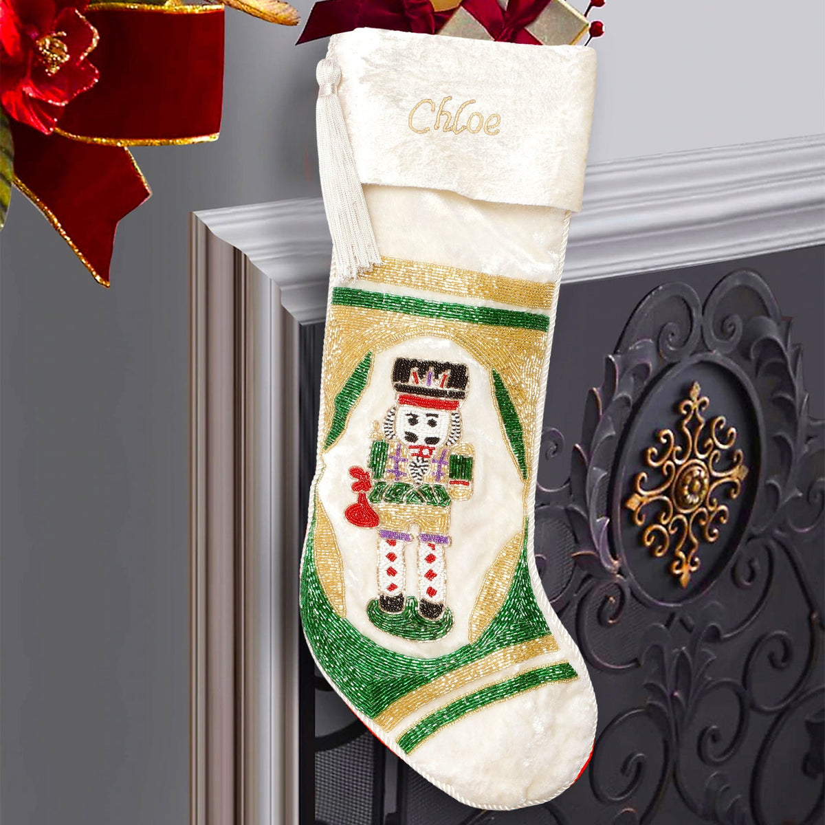 PERSONALISED NUTCRACKER WHITE VELVET CHRISTMAS STOCKING