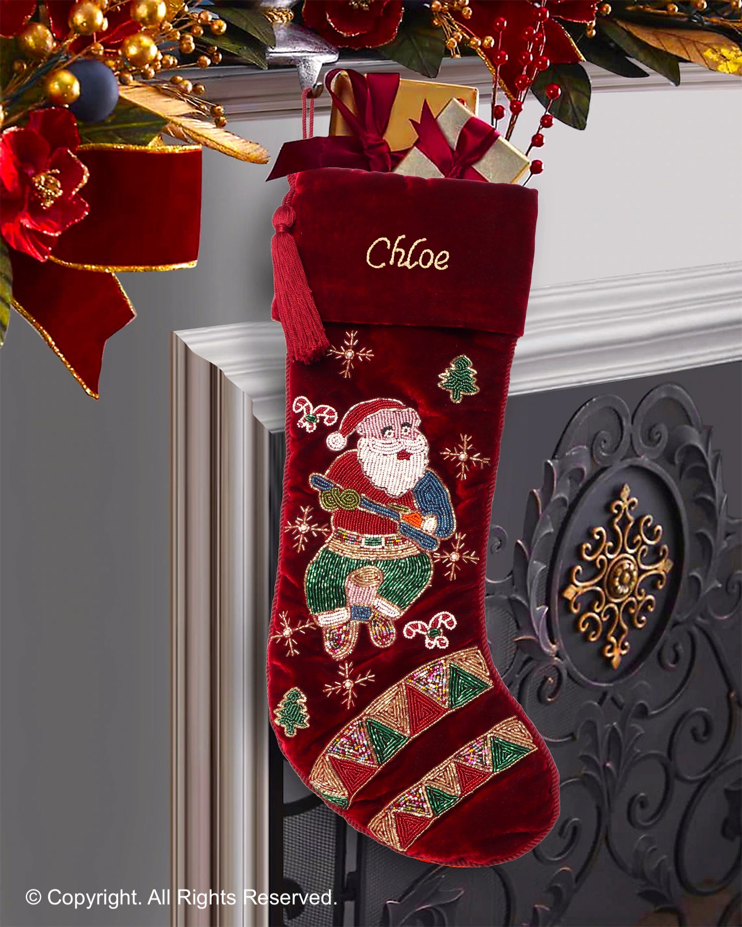 PERSONALISED MUSICAL SANTA RED VELVET CHRISTMAS STOCKING