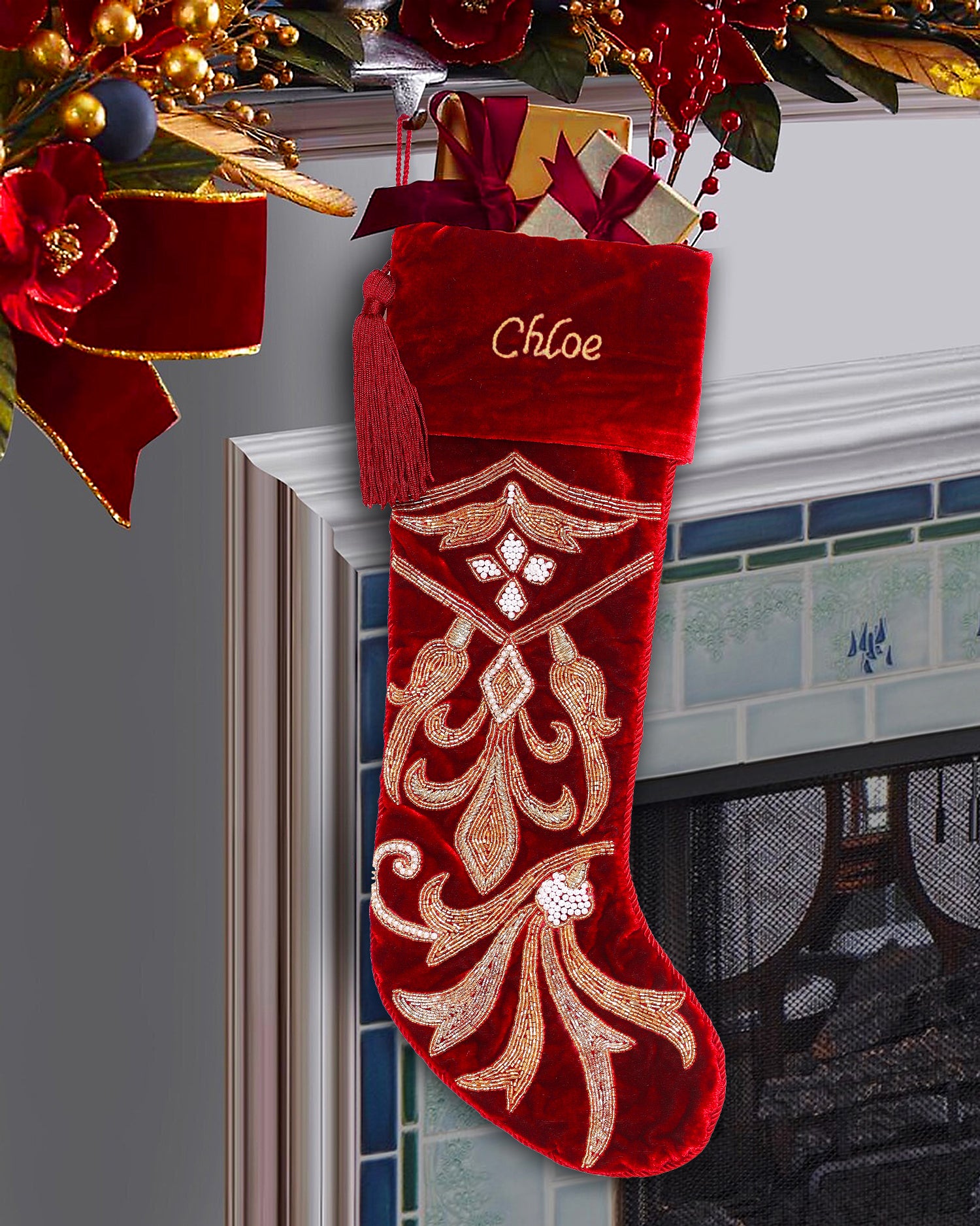 PERSONALISED SPIRAL CHARM RED VELVET CHRISTMAS STOCKING