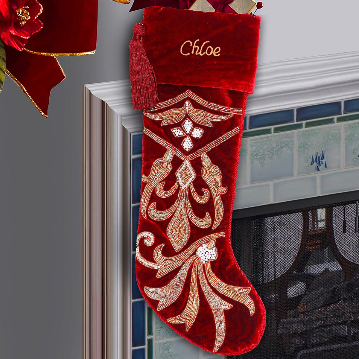 PERSONALISED SPIRAL CHARM RED VELVET CHRISTMAS STOCKING