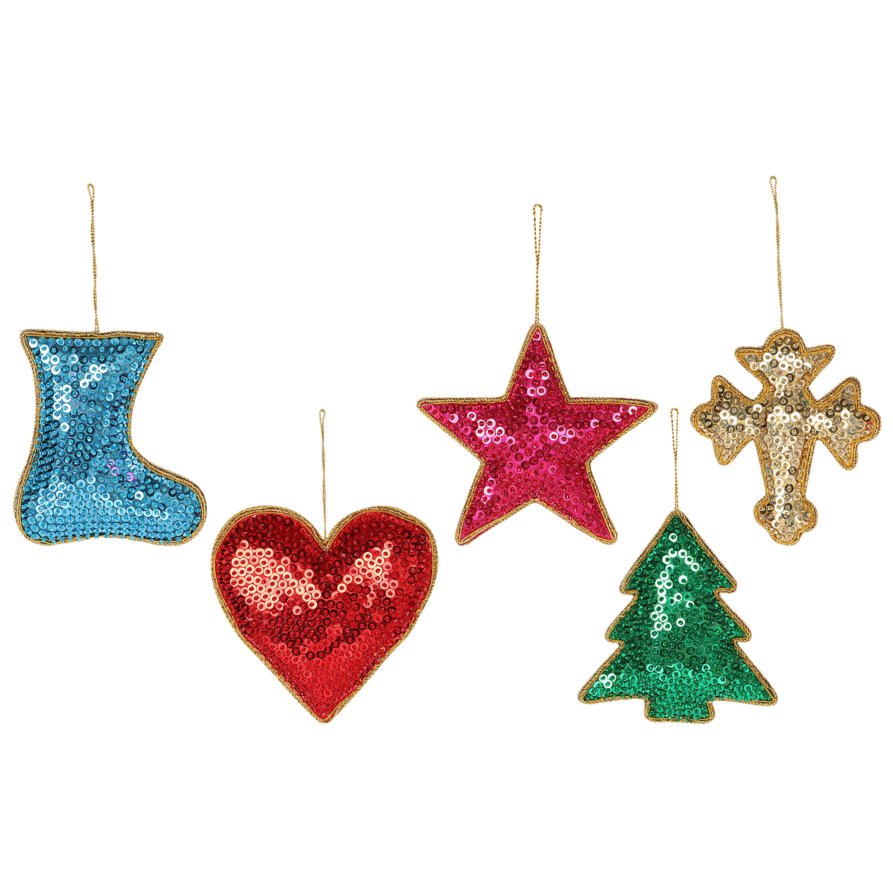 Sparkling Charm - Stars, Hearts, Cross, Shoe & tree Christmas ornaments set of 5 pieces for holiday decor (1SET=5PC)