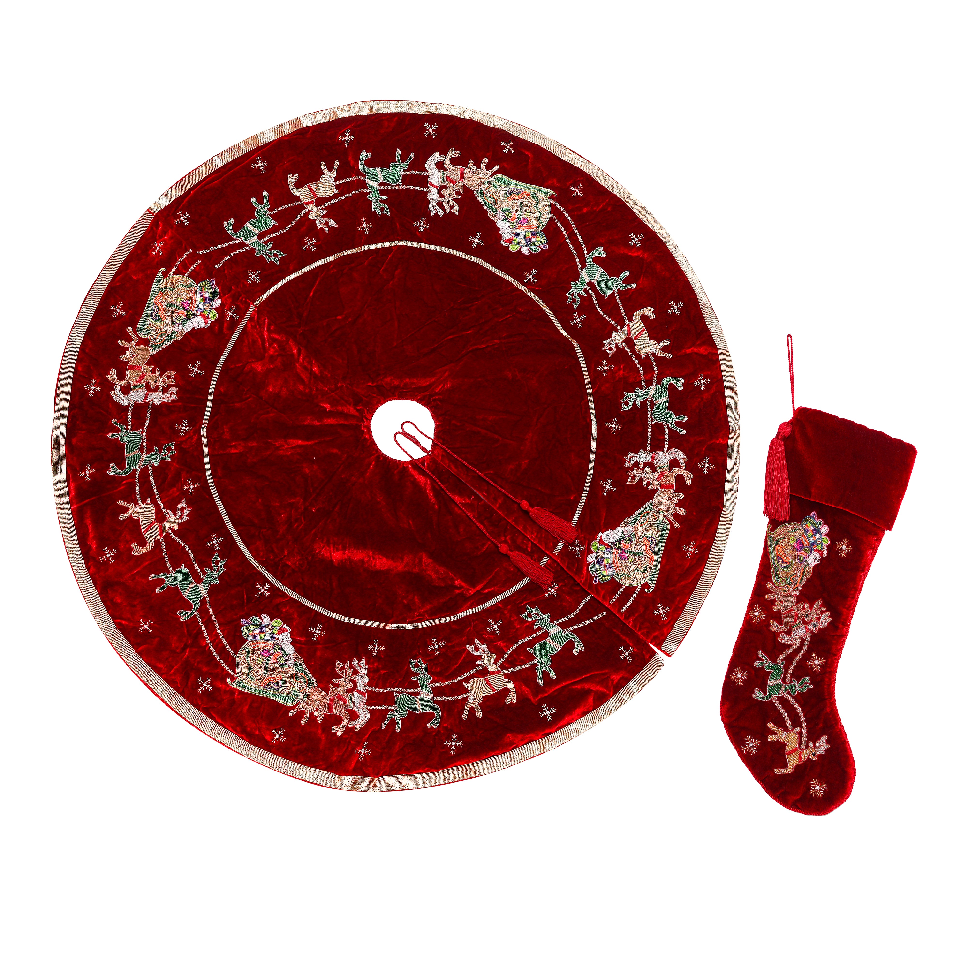 Red Velvet Christmas Tree Skirt & Matching Christmas Stocking Set with Santa Reindeer Carriage