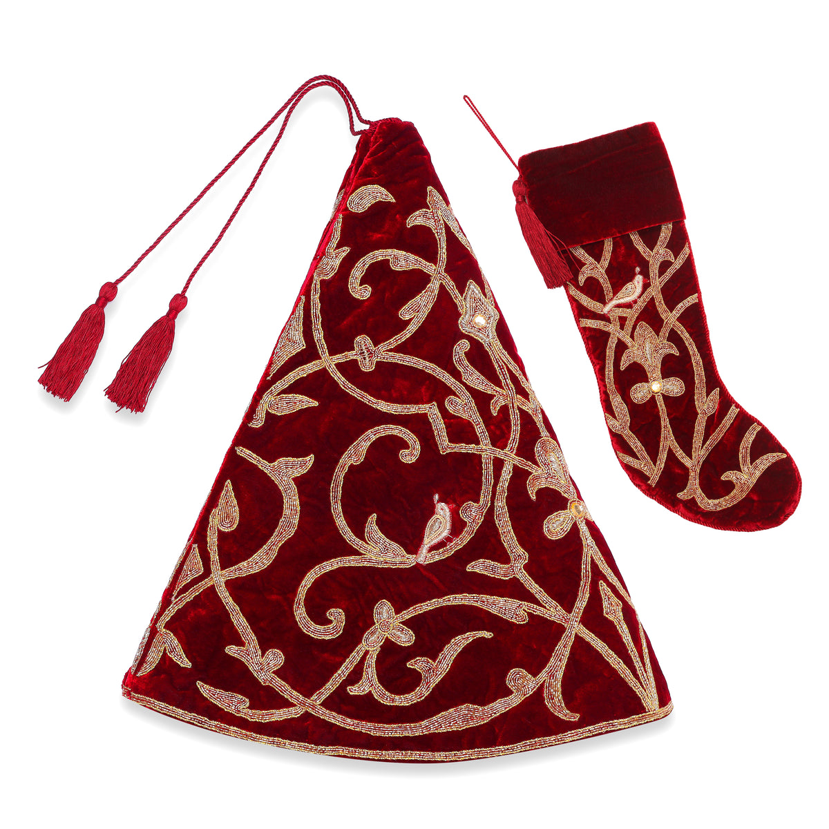 Christmas Tree Skirt & Matching Christmas Stocking Set - Patridge Bird