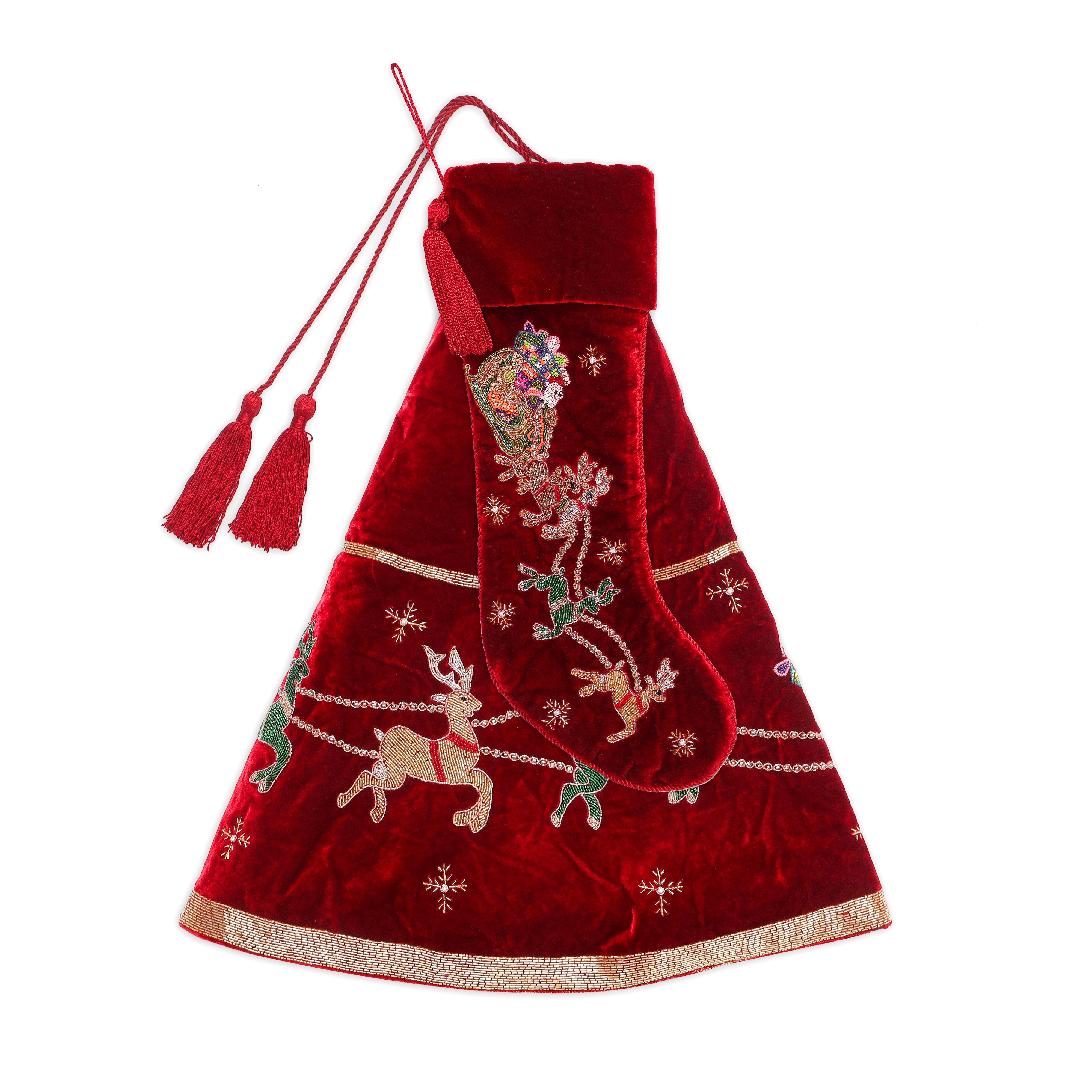 Red Velvet Christmas Tree Skirt & Matching Christmas Stocking Set with Santa Reindeer Carriage