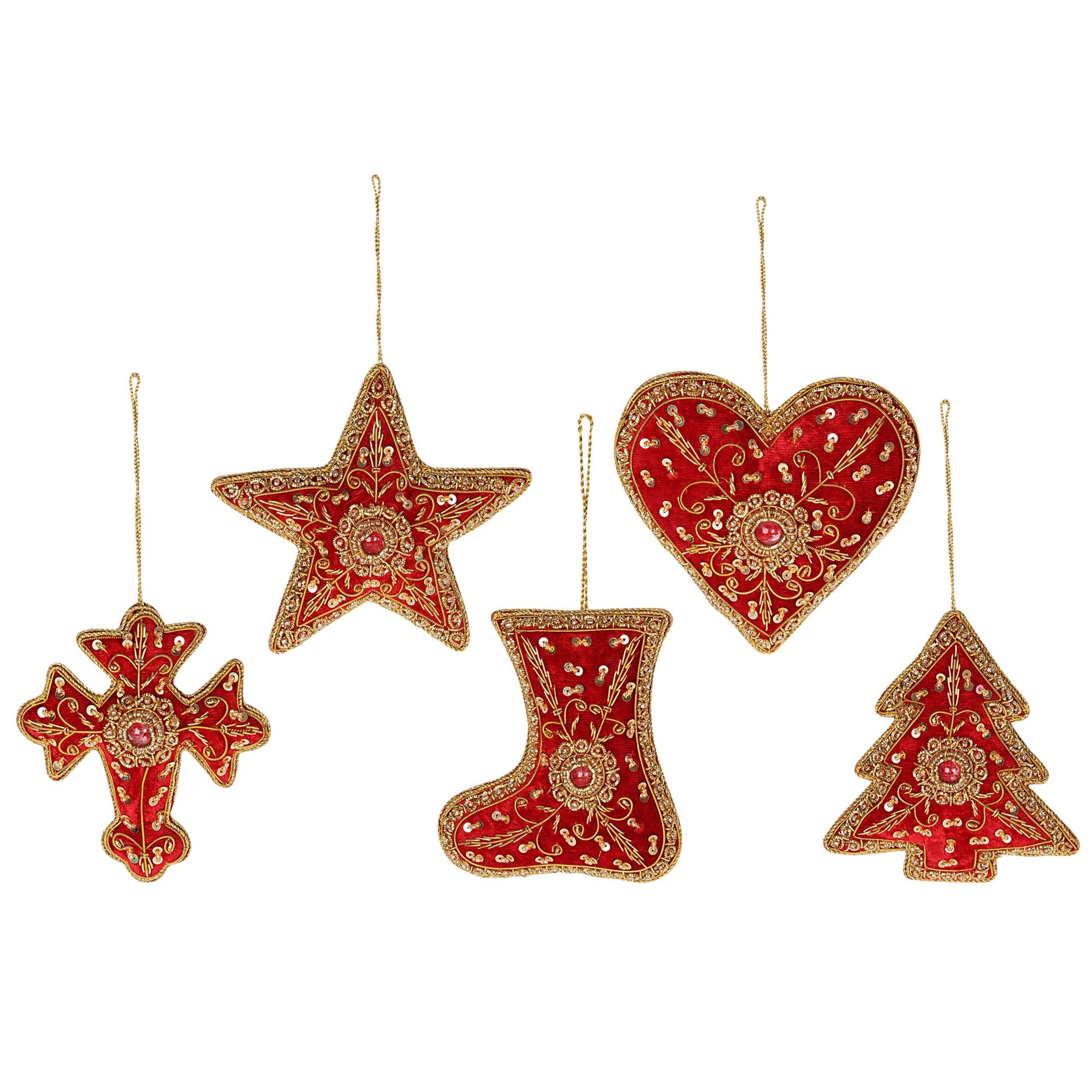 Festive shine Stars, Hearts, Cross, Shoe & tree Christmas ornaments set of 5 pieces for holiday decor (1SET=5PC)