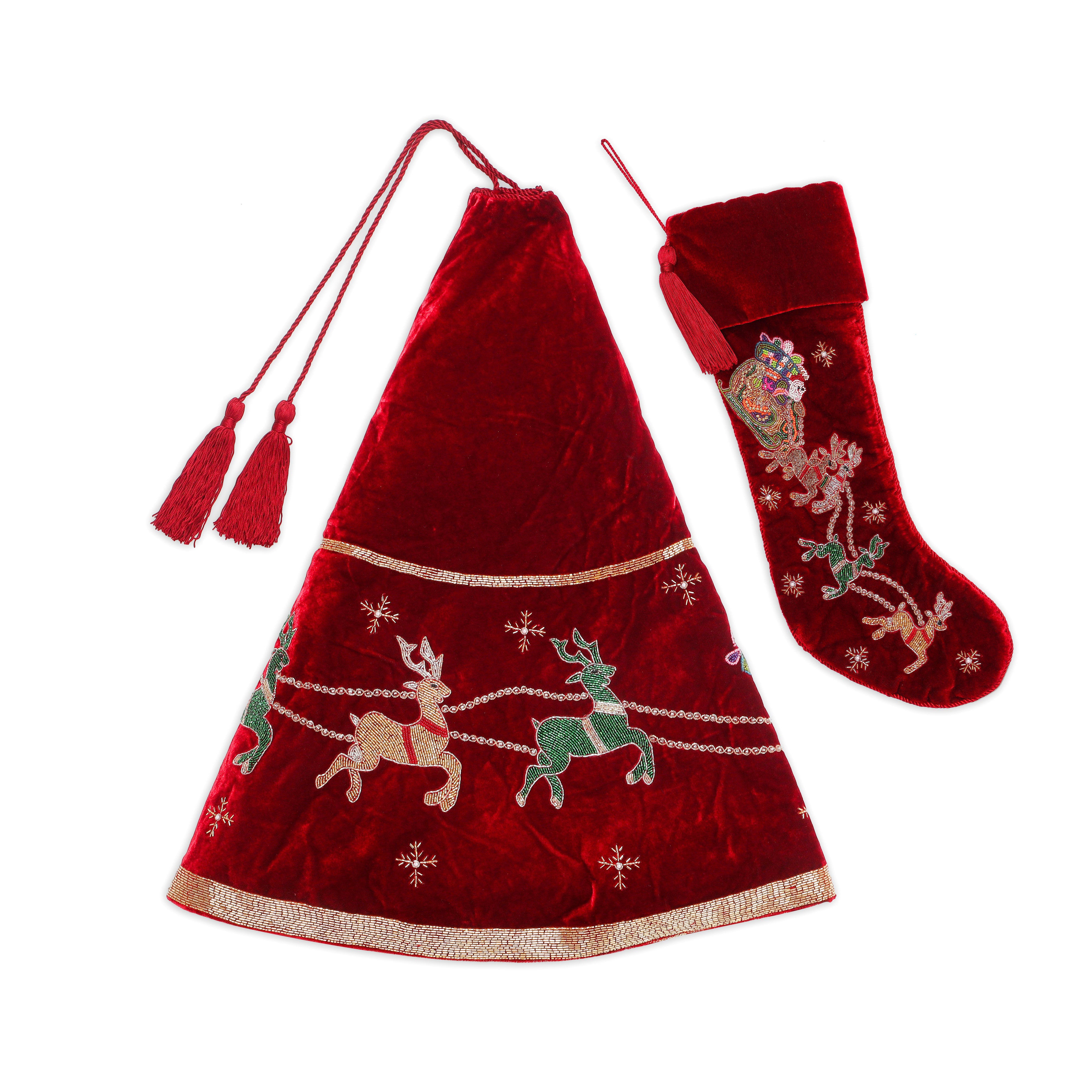 Red Velvet Christmas Tree Skirt & Matching Christmas Stocking Set with Santa Reindeer Carriage