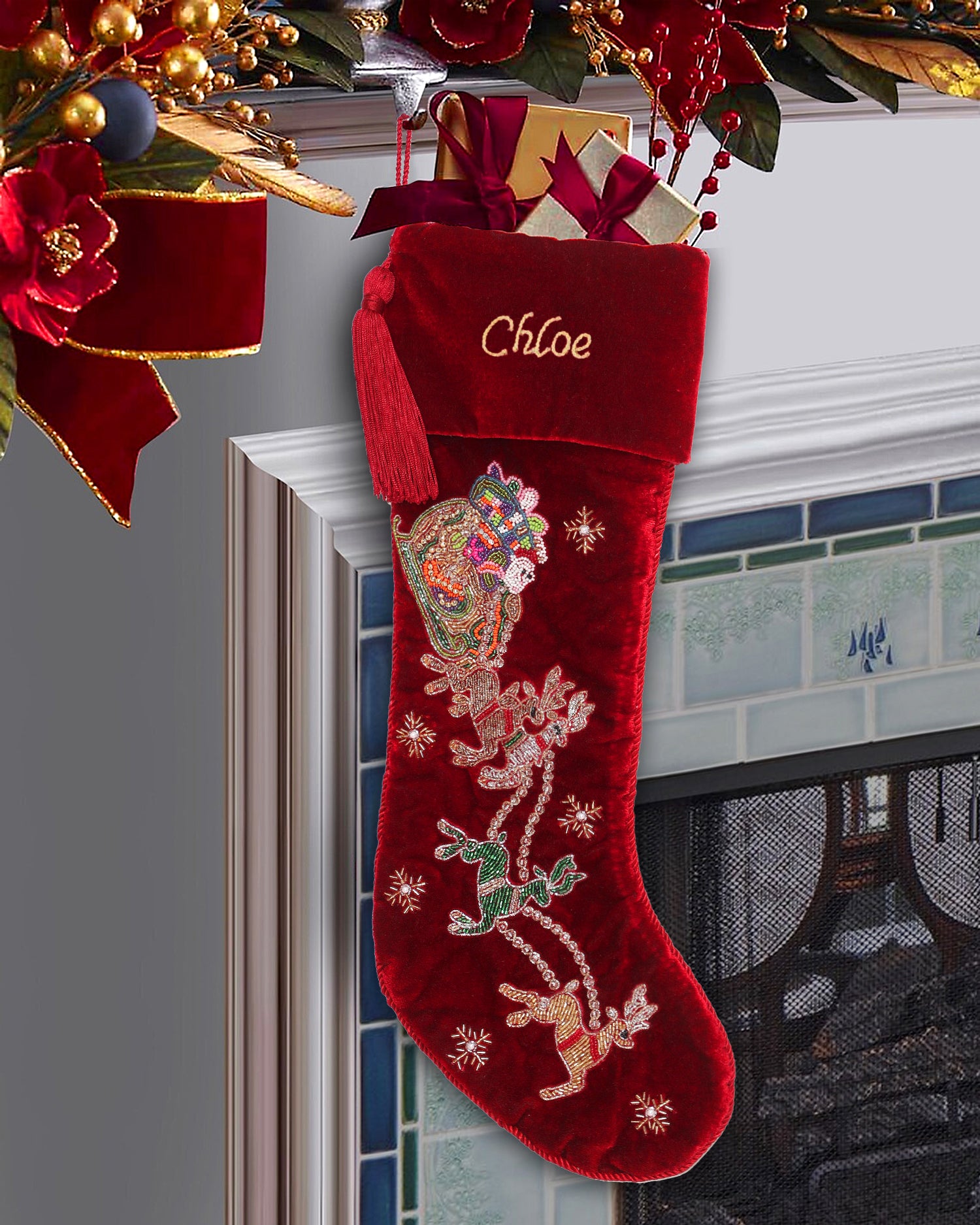 Red Velvet Christmas Tree Skirt & Matching Christmas Stocking Set with Santa Reindeer Carriage