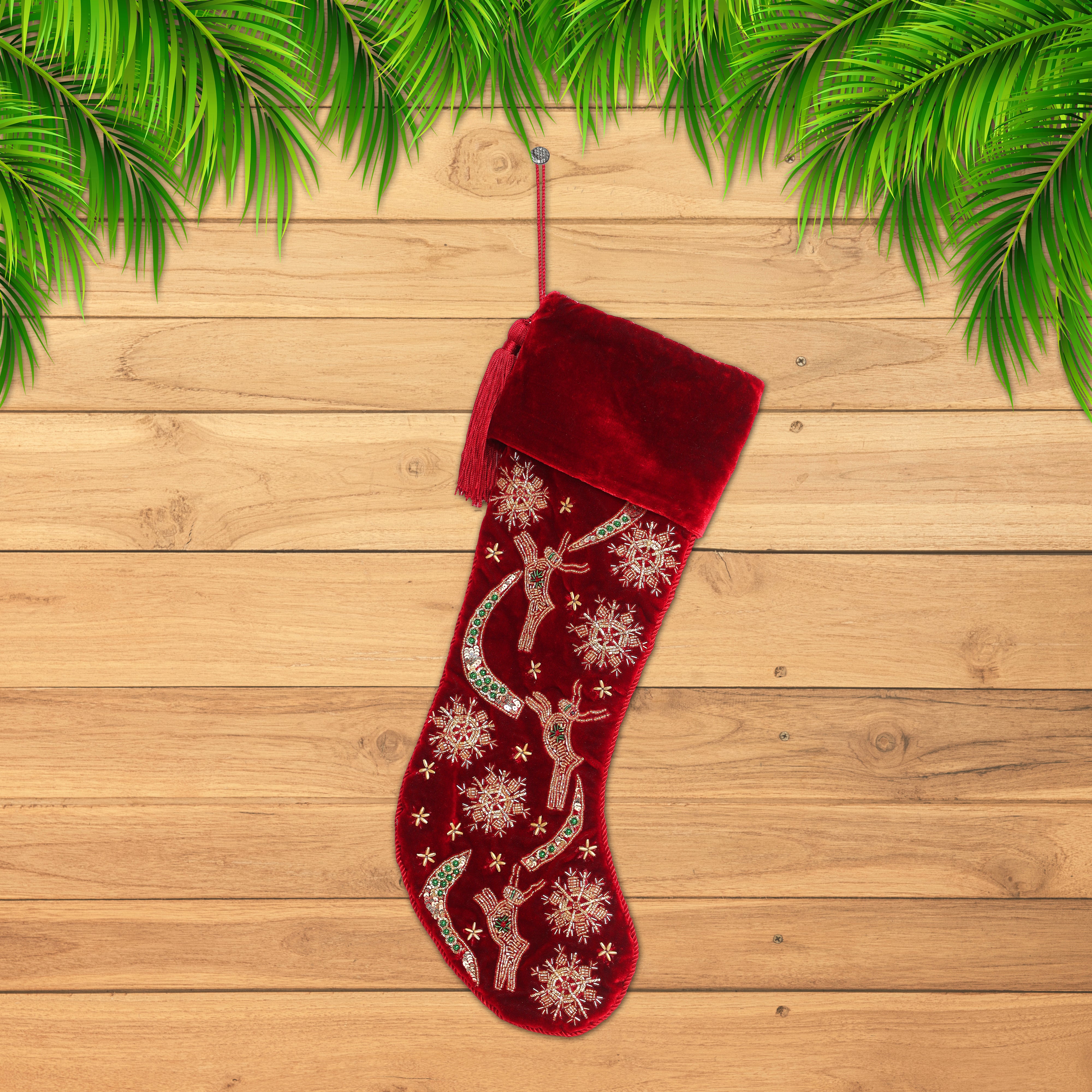 PERSONALISED REINDEER SNOWFLAKE RED VELVET CHRISTMAS STOCKING