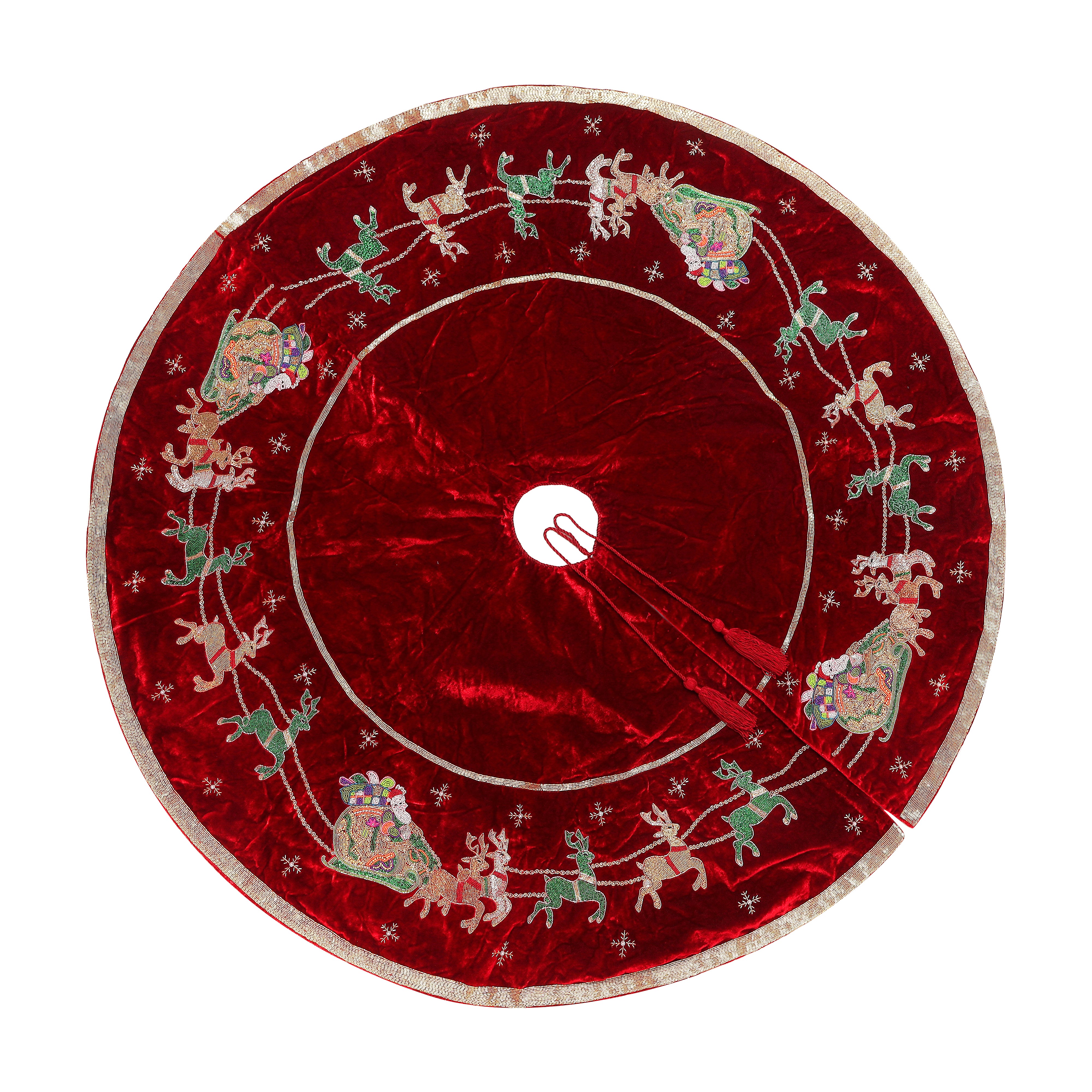 Red Velvet Christmas Tree Skirt & Matching Christmas Stocking Set with Santa Reindeer Carriage
